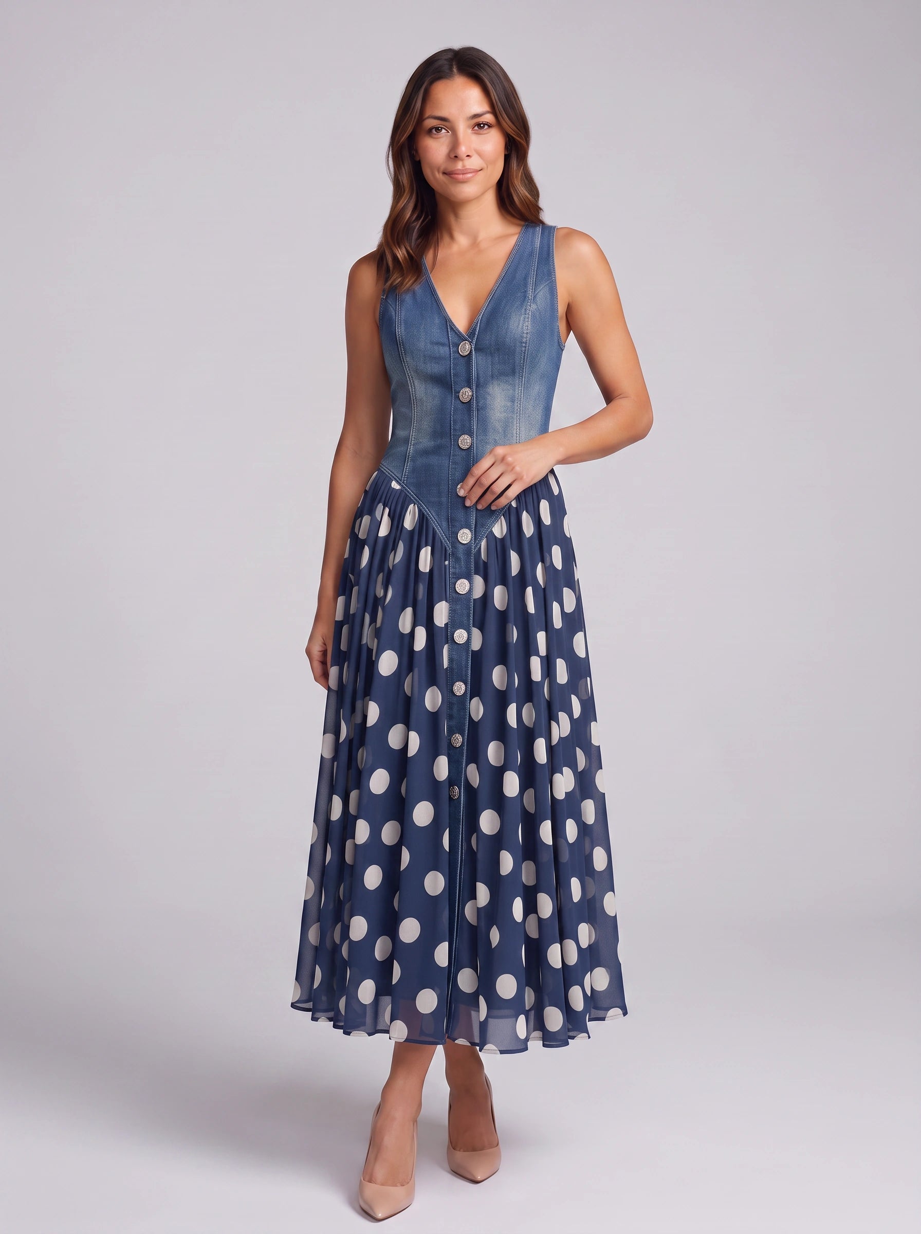 Pontella Denim Bodice Midi Dress – Polka Dot Button Front Women Cocktail Formal Wedding Guest Midi Dress