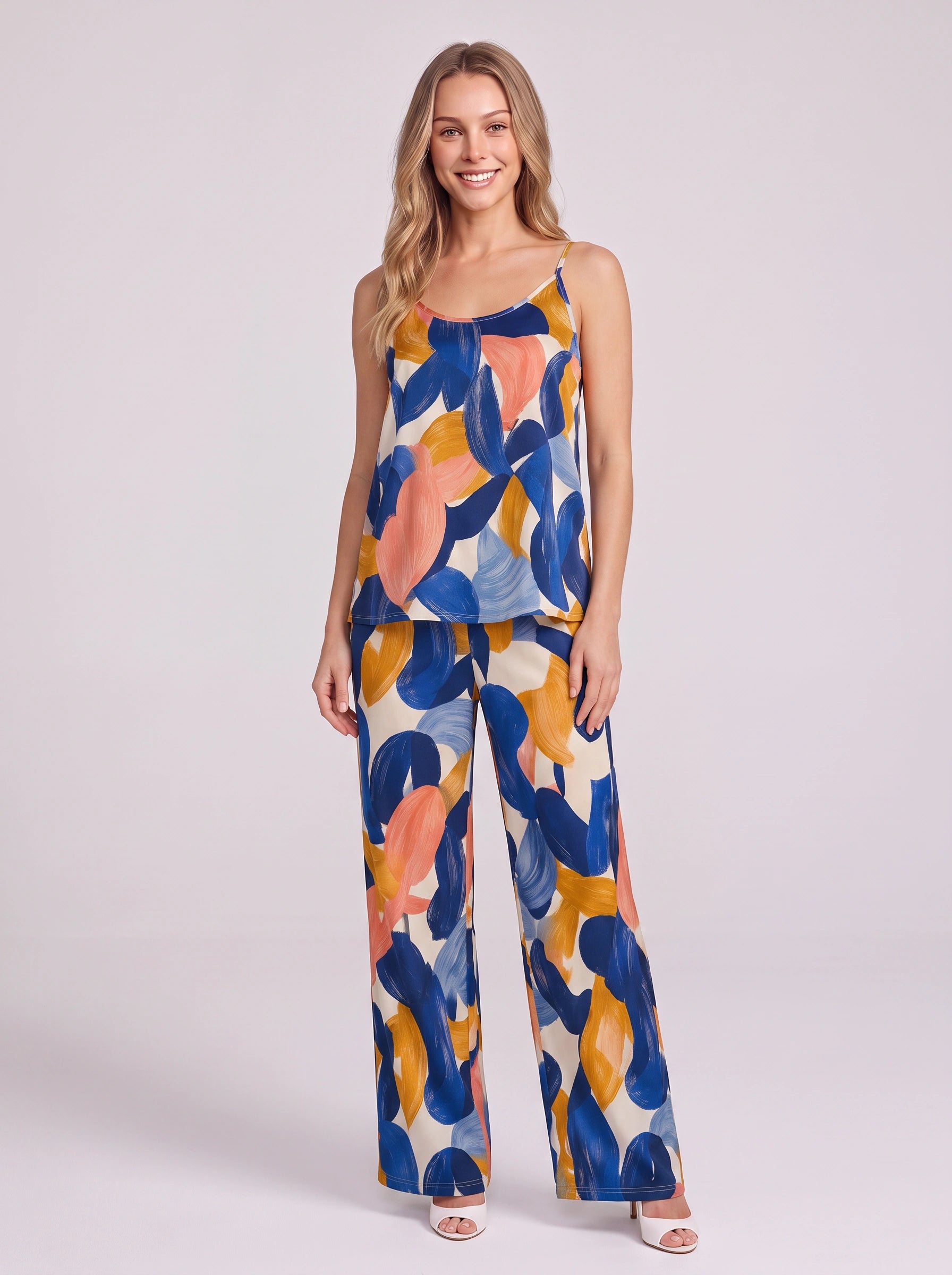 Pittura Abstract Brushstroke Cami Pajama Set – Women Loungewear Two Piece Sleepwear Camisole Wide Leg Pants Set