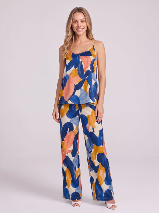 Pittura Abstract Brushstroke Cami Pajama Set – Women Loungewear Two Piece Sleepwear Camisole Wide Leg Pants Set