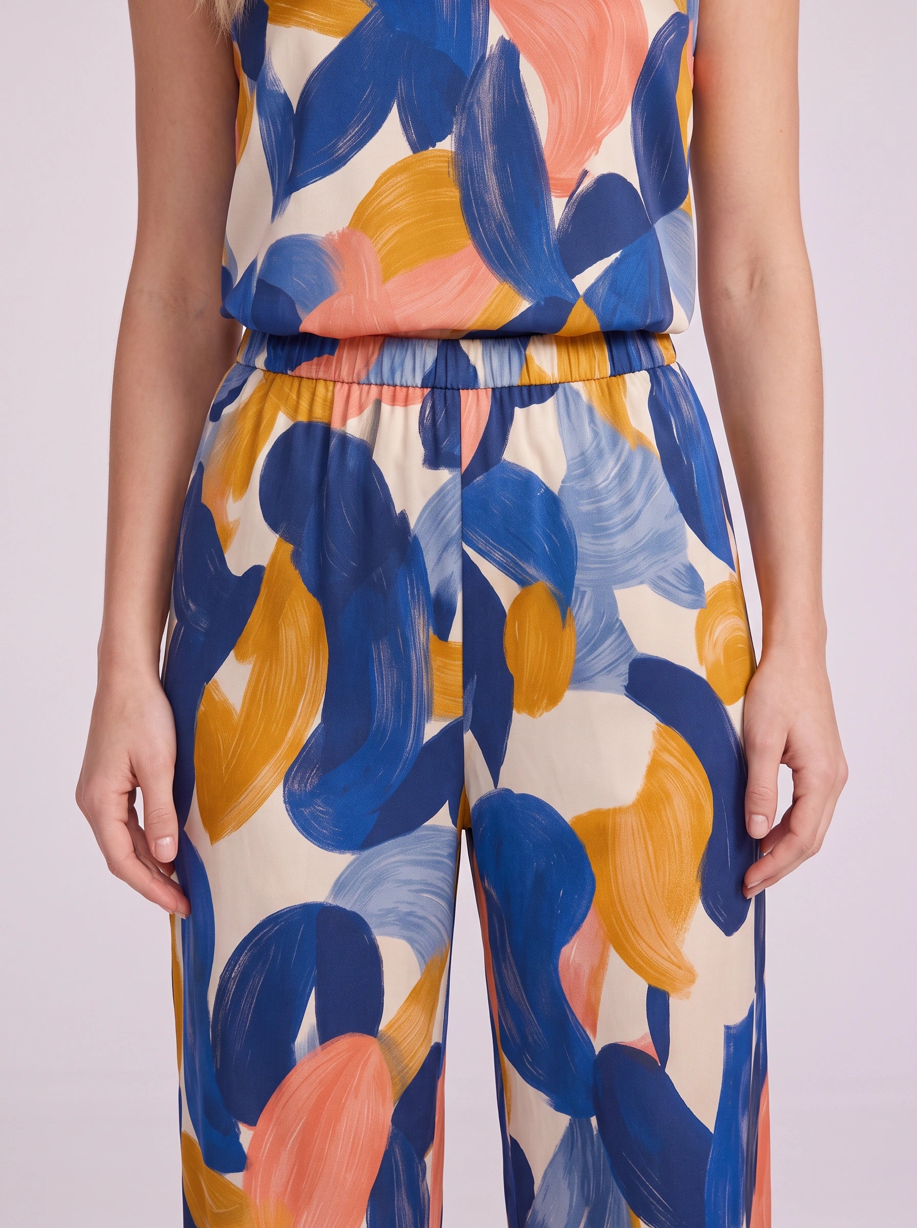 Pittura Abstract Brushstroke Cami Pajama Set – Women Loungewear Two Piece Sleepwear Camisole Wide Leg Pants Set