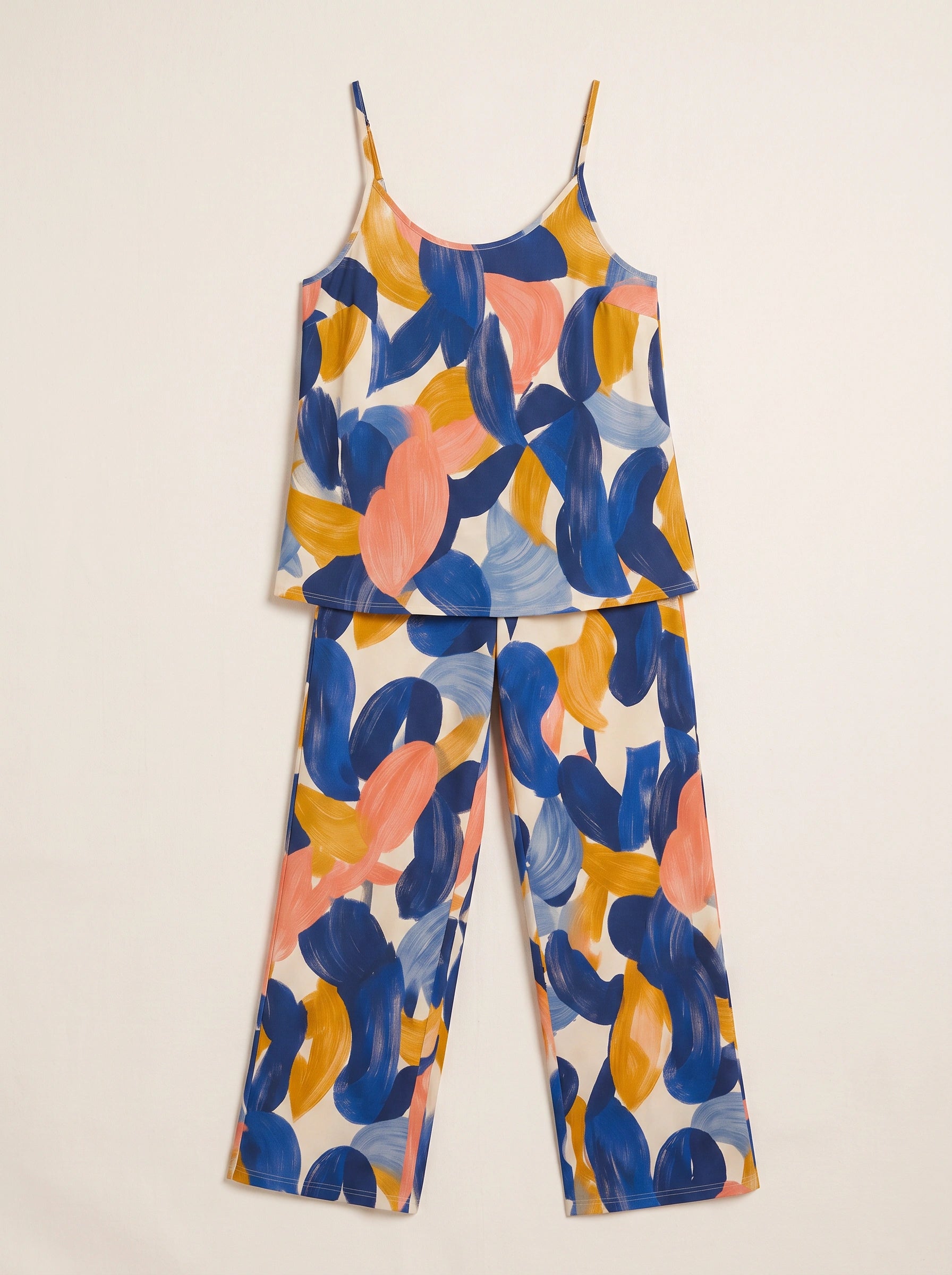 Pittura Abstract Brushstroke Cami Pajama Set – Women Loungewear Two Piece Sleepwear Camisole Wide Leg Pants Set