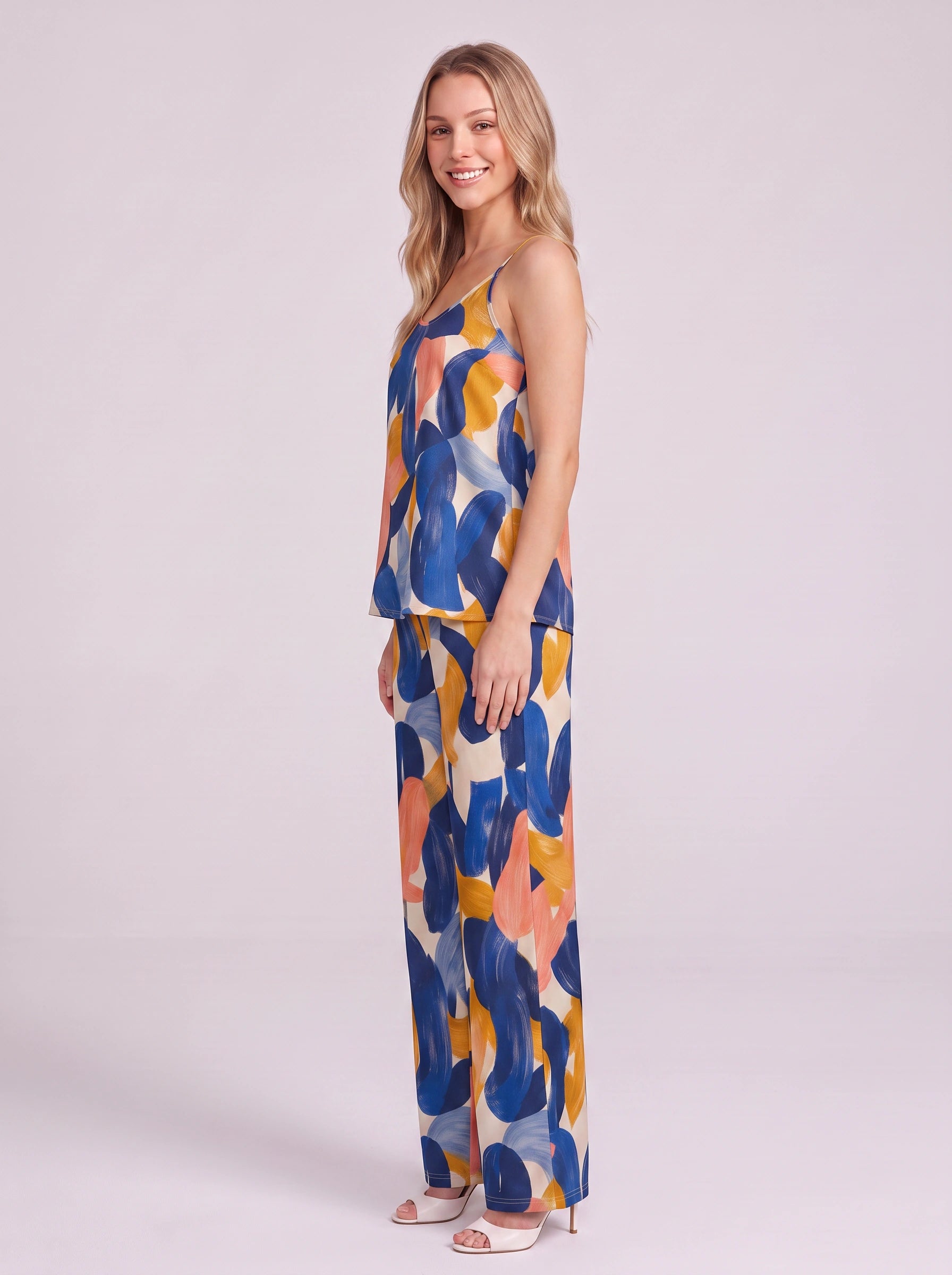 Pittura Abstract Brushstroke Cami Pajama Set – Women Loungewear Two Piece Sleepwear Camisole Wide Leg Pants Set