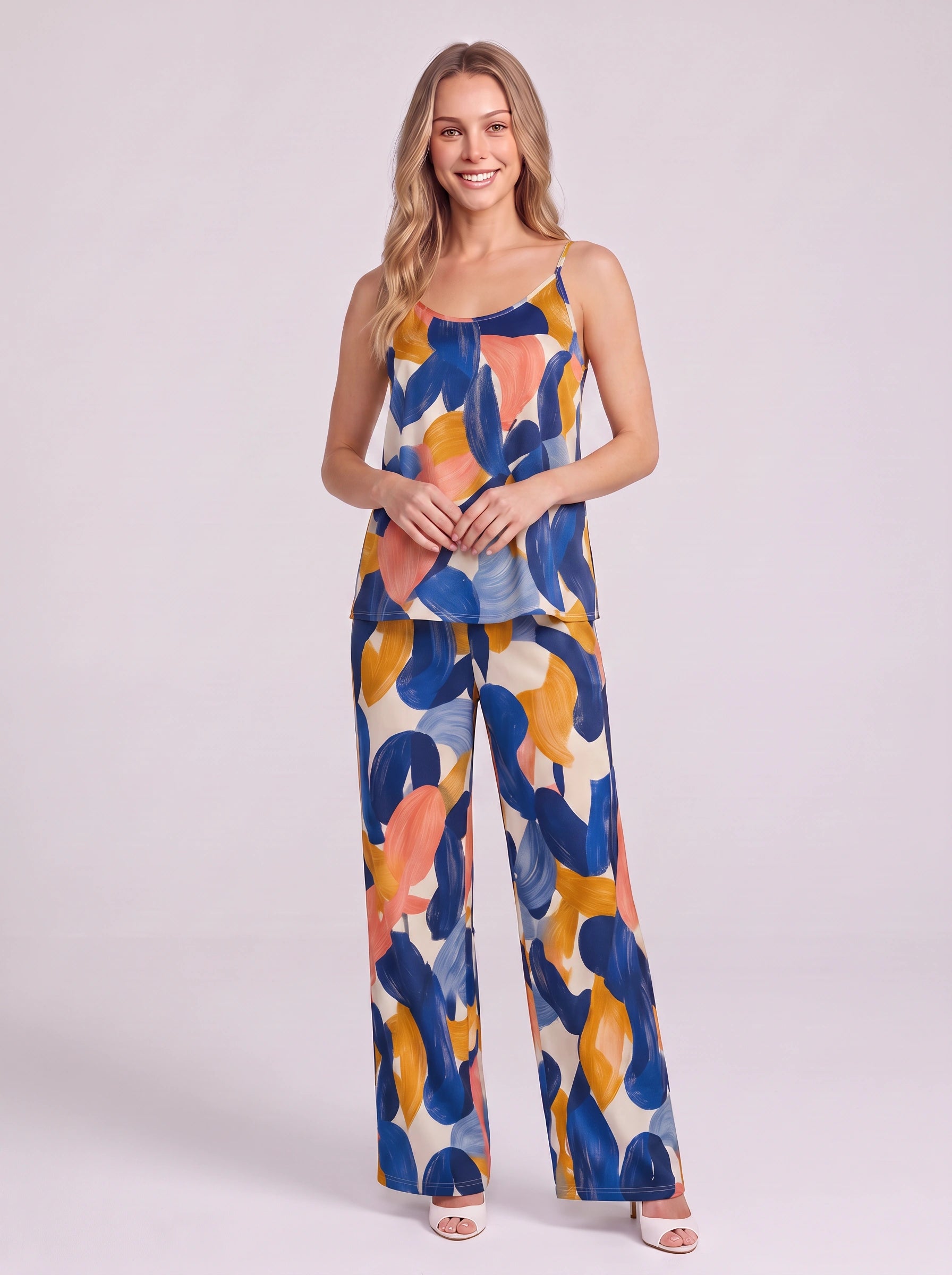 Pittura Abstract Brushstroke Cami Pajama Set – Women Loungewear Two Piece Sleepwear Camisole Wide Leg Pants Set