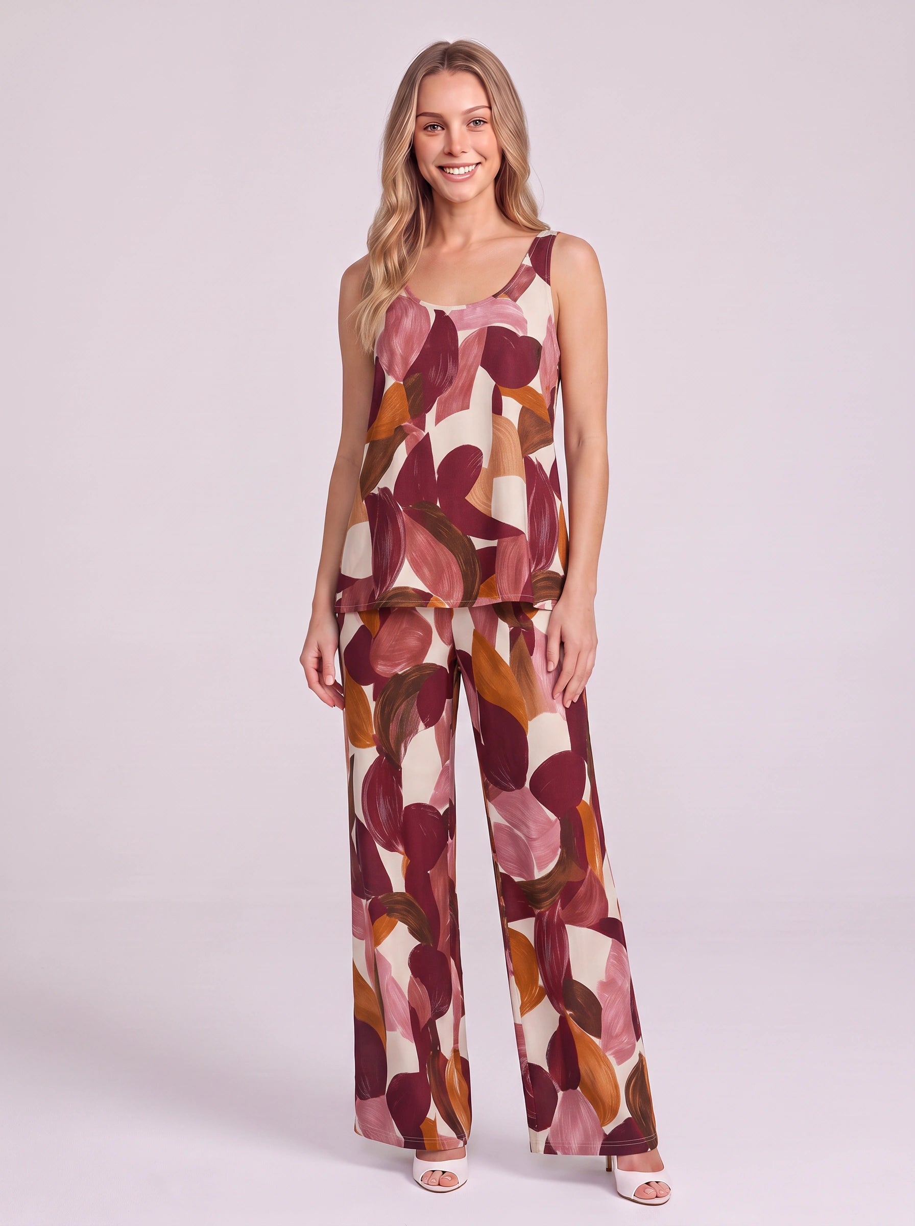 Pittura Abstract Brushstroke Cami Pajama Set – Women Loungewear Two Piece Sleepwear Camisole Wide Leg Pants Set