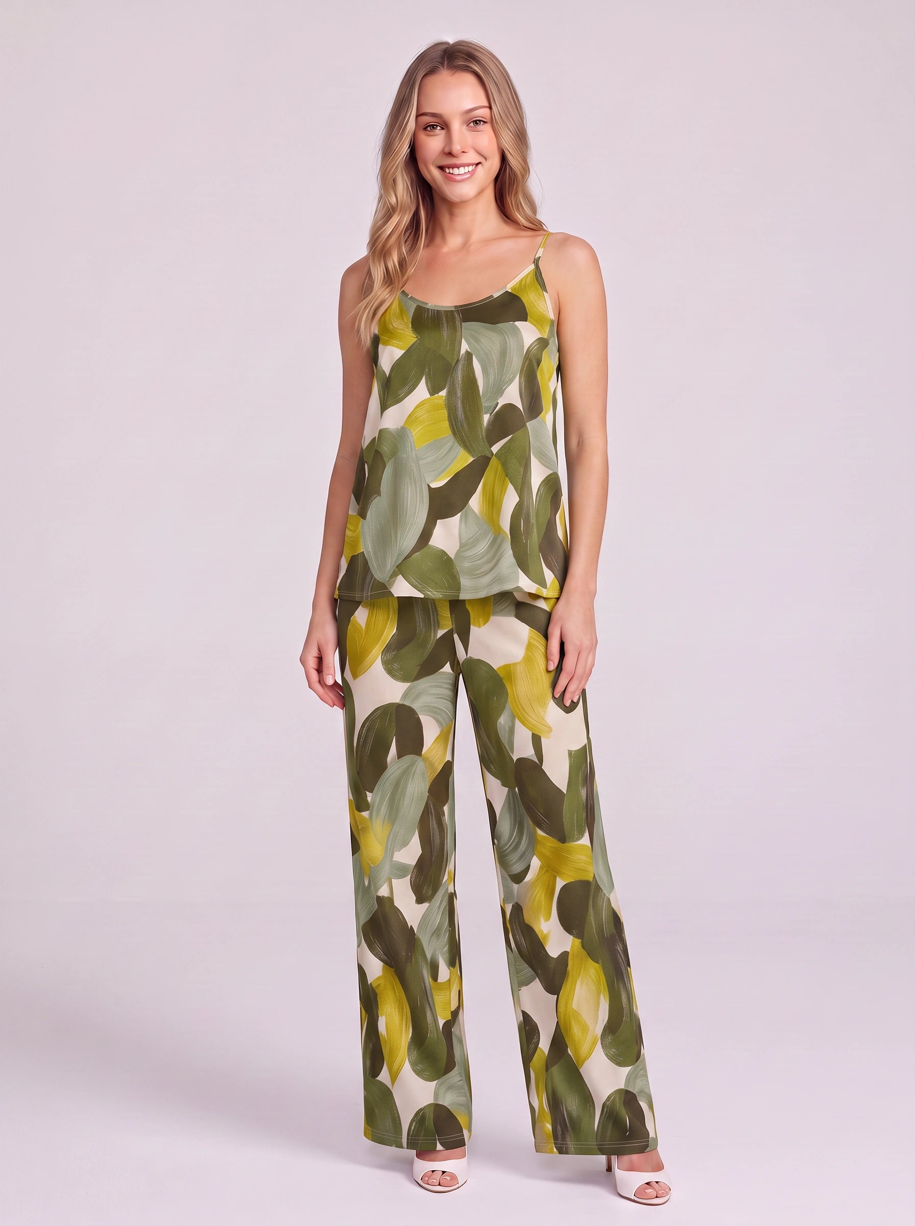 Pittura Abstract Brushstroke Cami Pajama Set – Women Loungewear Two Piece Sleepwear Camisole Wide Leg Pants Set