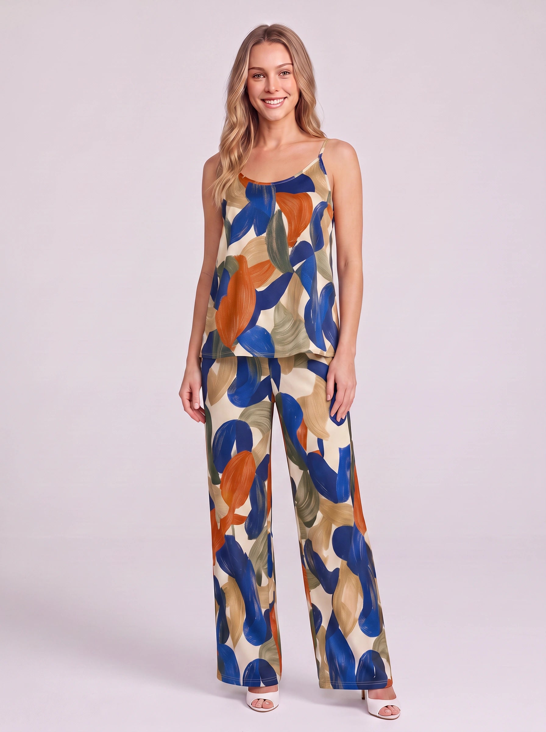 Pittura Abstract Brushstroke Cami Pajama Set – Women Loungewear Two Piece Sleepwear Camisole Wide Leg Pants Set
