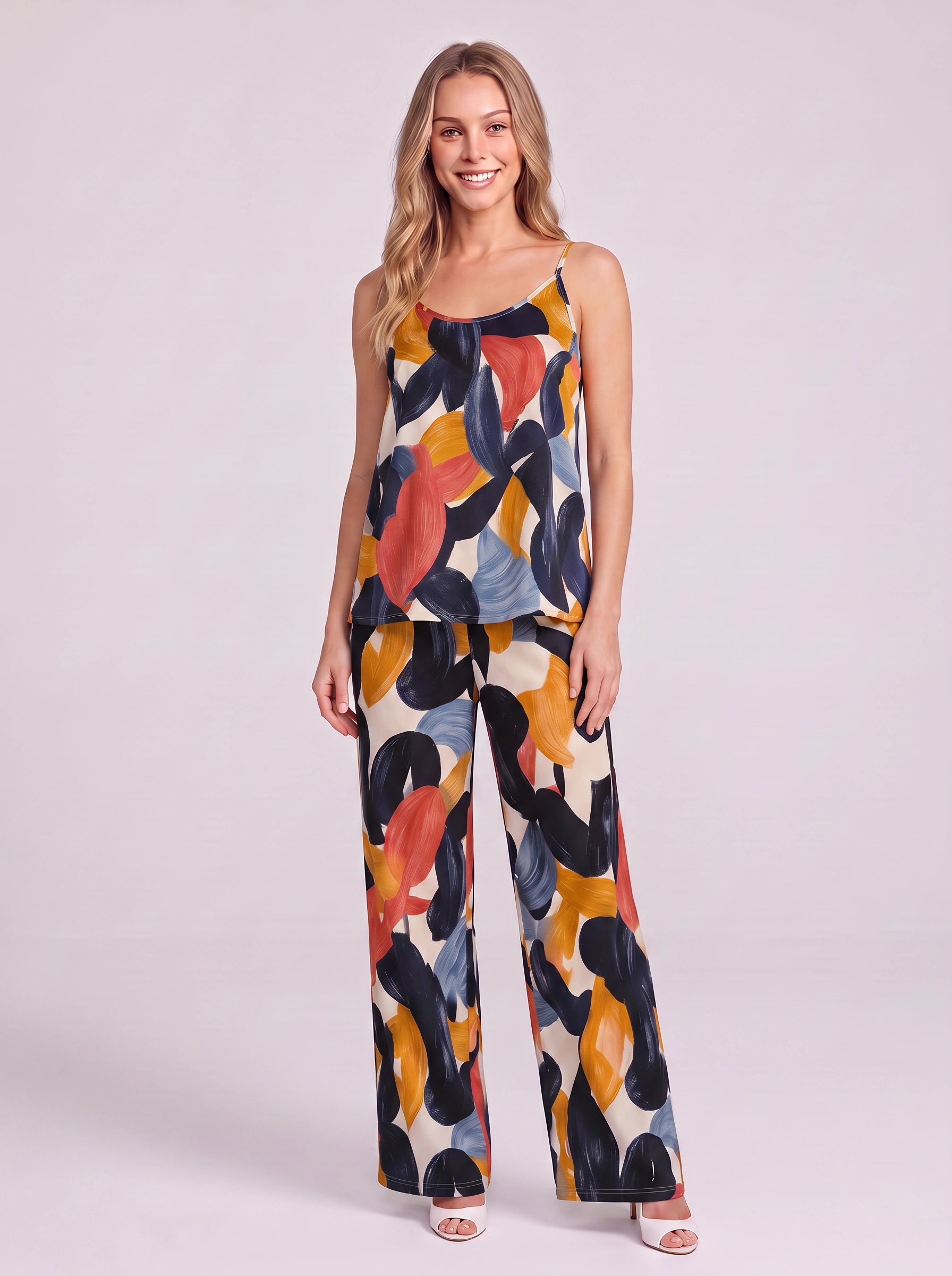 Pittura Abstract Brushstroke Cami Pajama Set – Women Loungewear Two Piece Sleepwear Camisole Wide Leg Pants Set