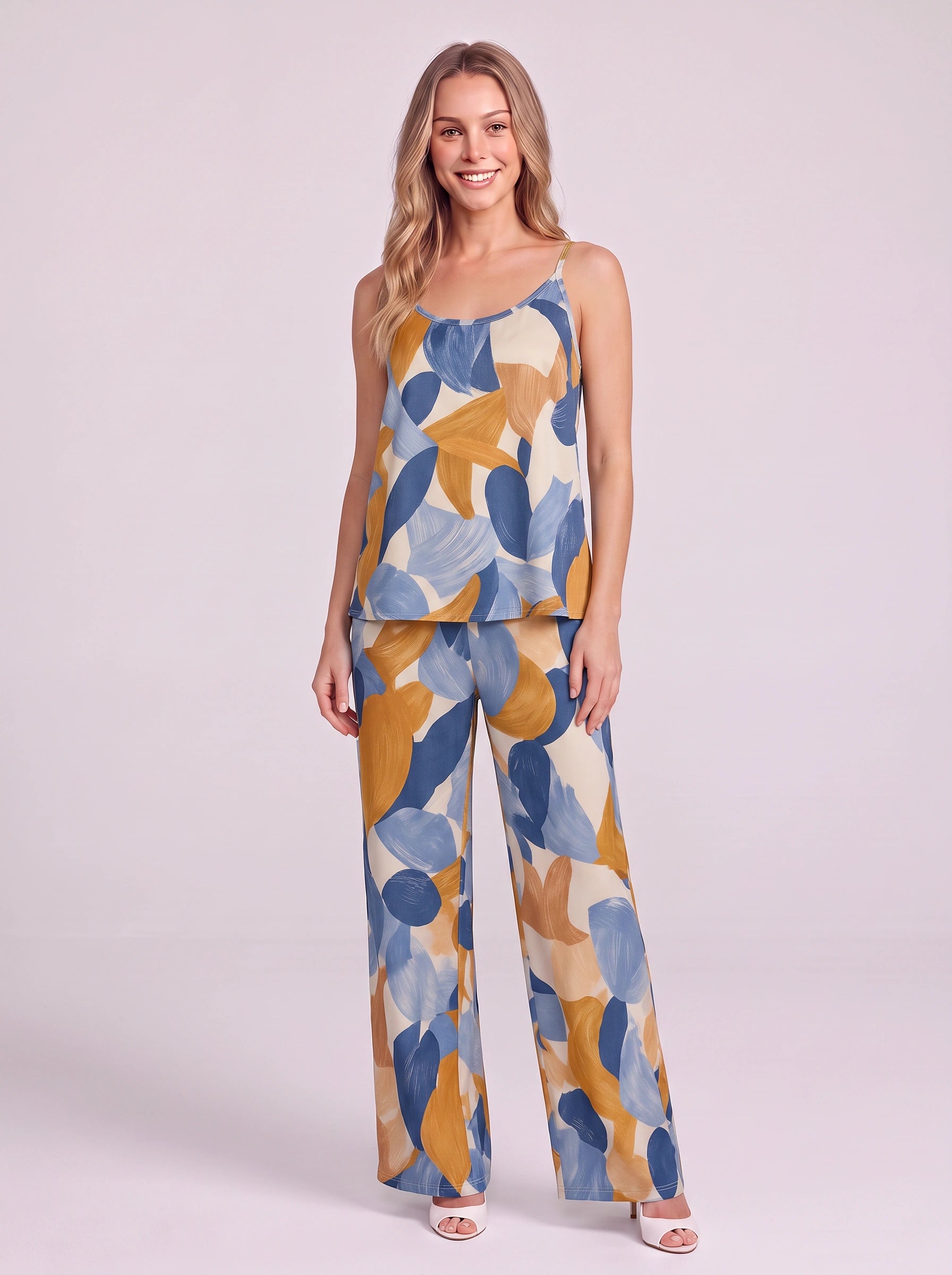 Pittura Abstract Brushstroke Cami Pajama Set – Women Loungewear Two Piece Sleepwear Camisole Wide Leg Pants Set