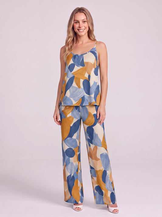 Pittura Abstract Brushstroke Cami Pajama Set – Women Loungewear Two Piece Sleepwear Camisole Wide Leg Pants Set