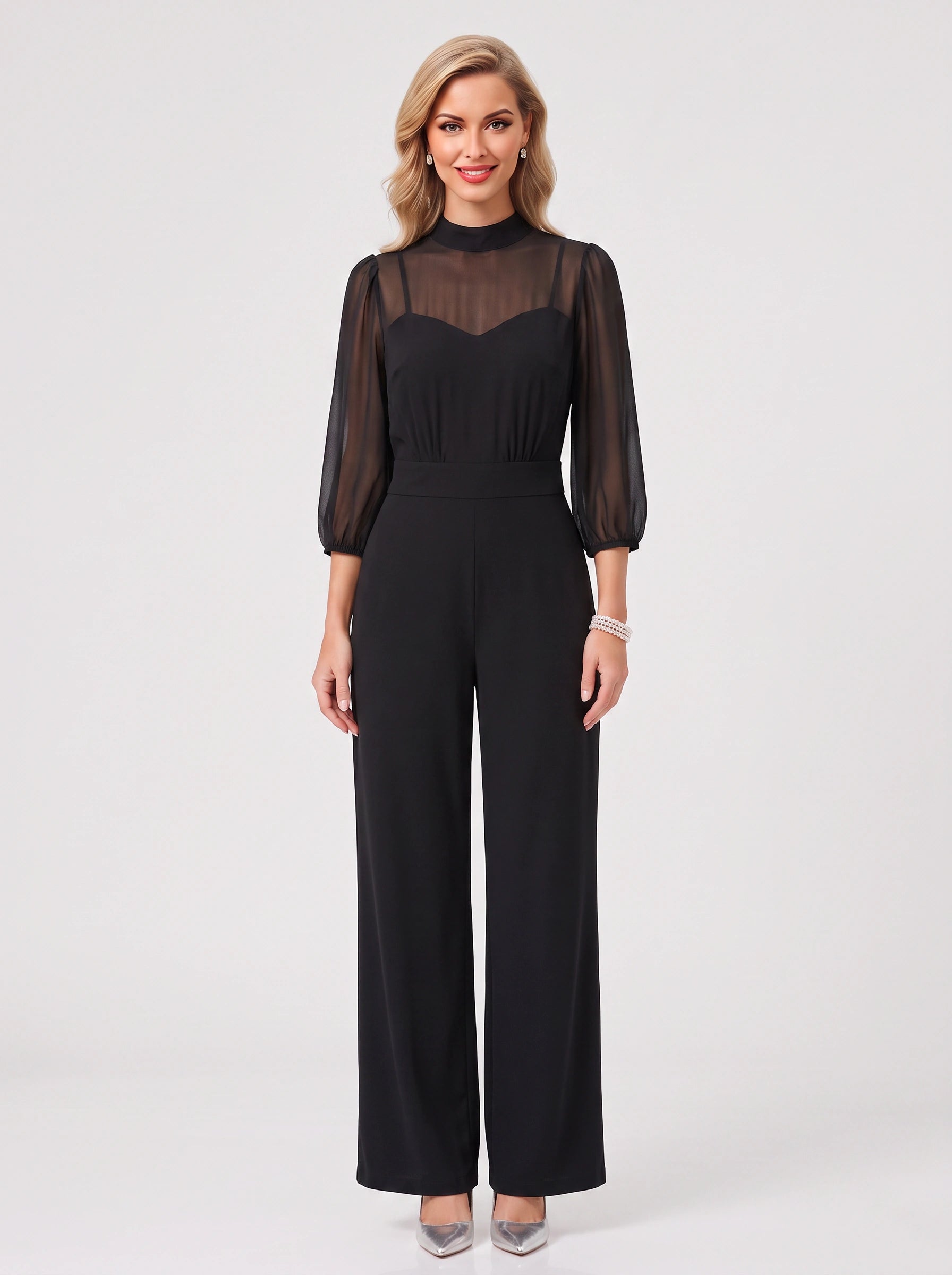 Velurno Sheer Sleeve Wide-Leg Jumpsuit – Formal Evening Women Wedding Guest Elegant Party Jumpsuit