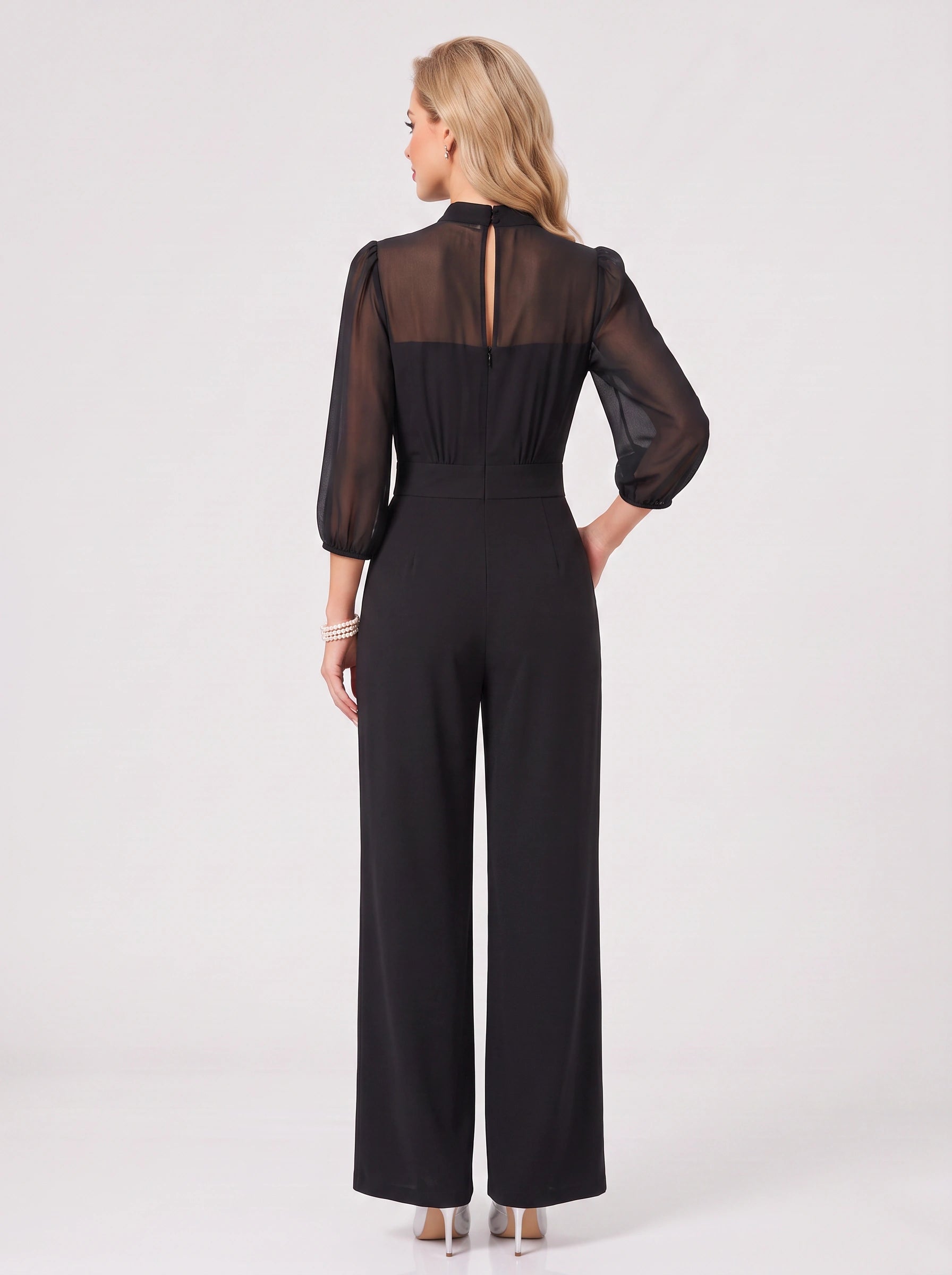 Velurno Sheer Sleeve Wide-Leg Jumpsuit – Formal Evening Women Wedding Guest Elegant Party Jumpsuit