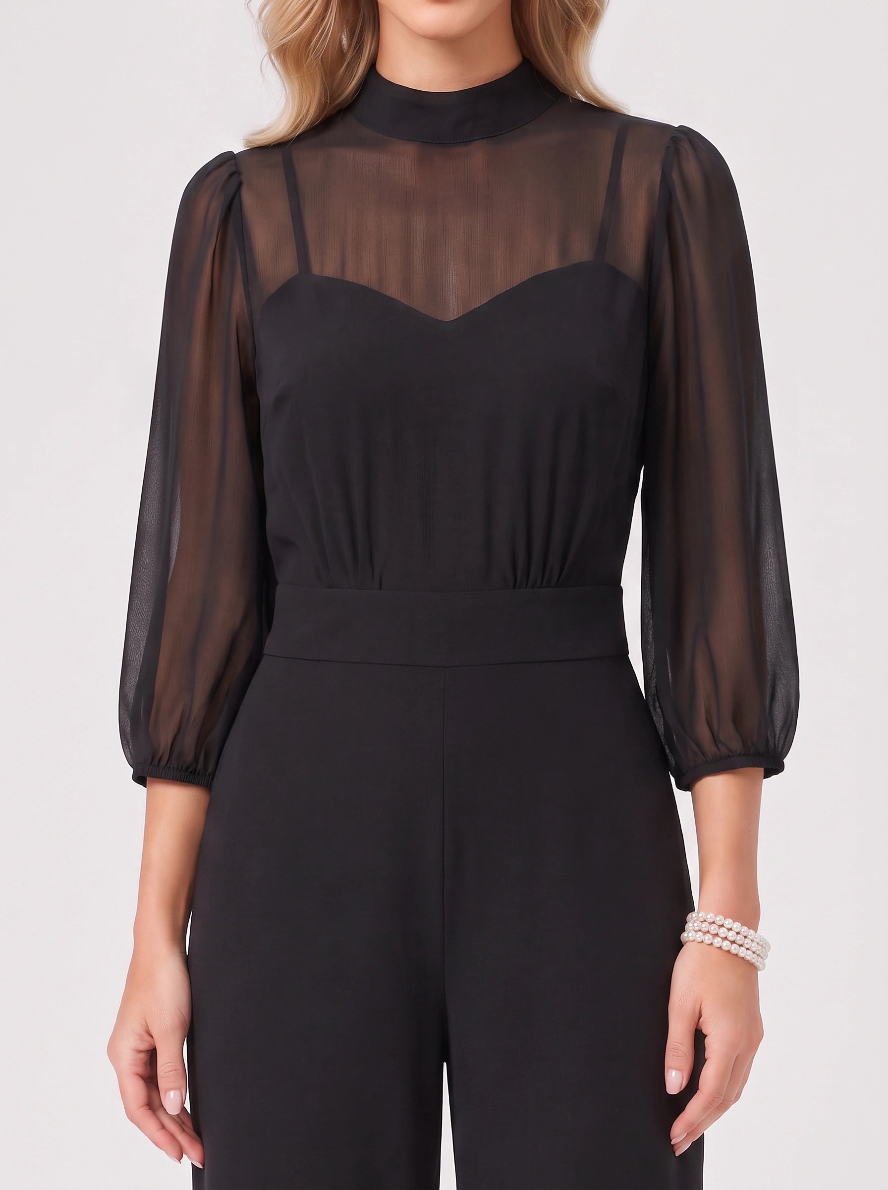 Velurno Sheer Sleeve Wide-Leg Jumpsuit – Formal Evening Women Wedding Guest Elegant Party Jumpsuit