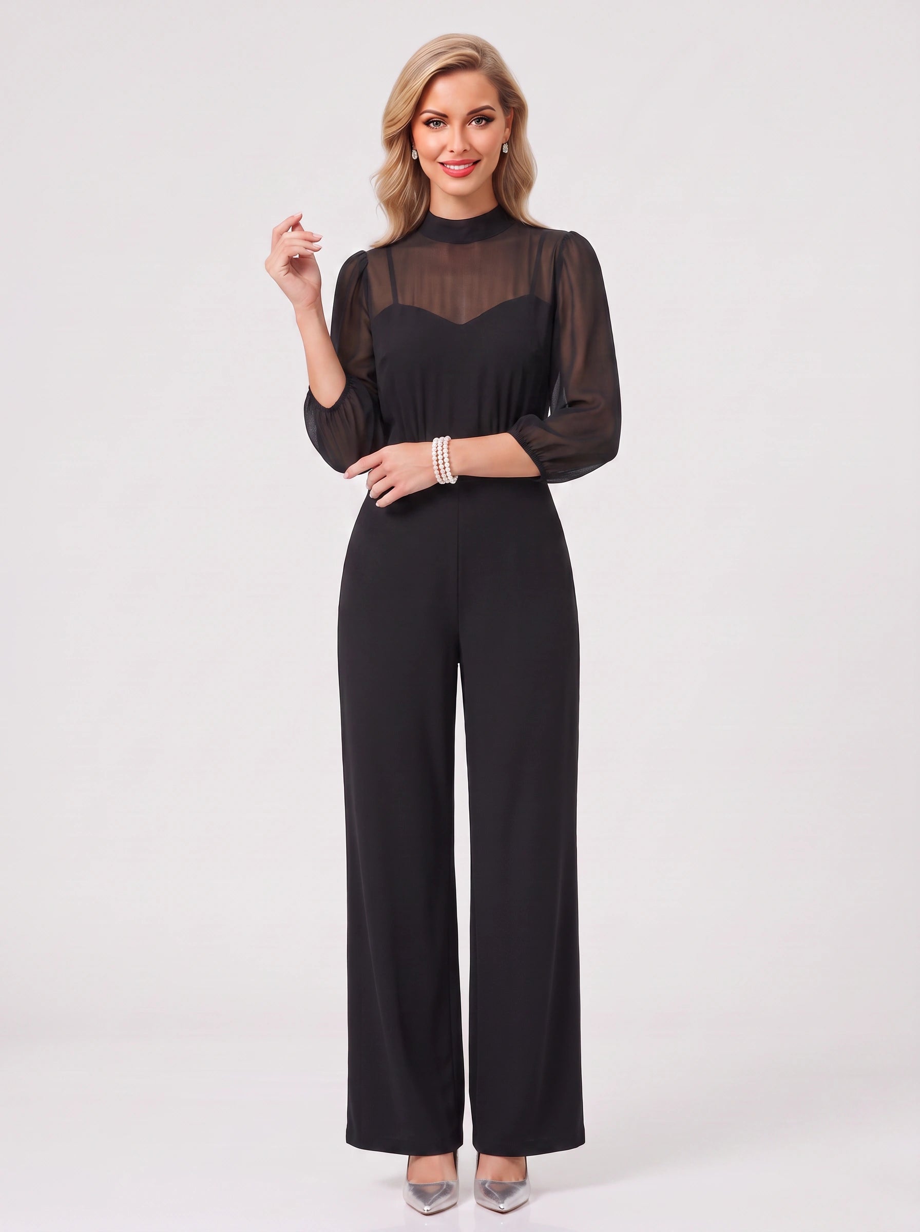 Velurno Sheer Sleeve Wide-Leg Jumpsuit – Formal Evening Women Wedding Guest Elegant Party Jumpsuit