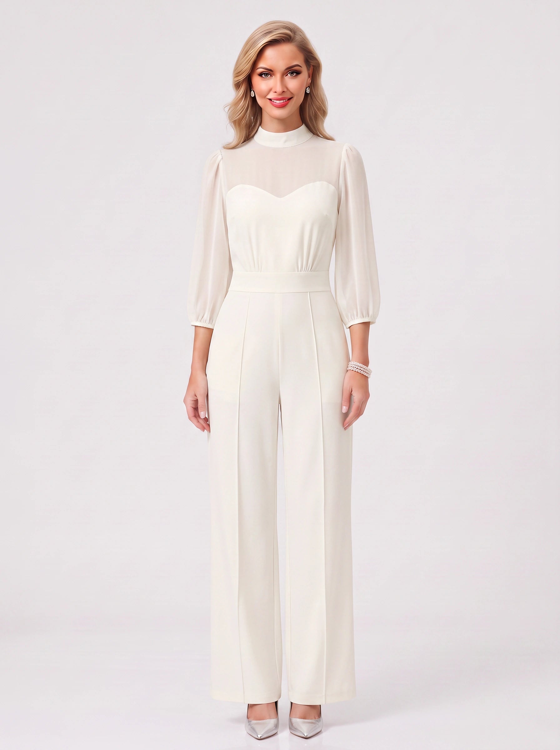 Velurno Sheer Sleeve Wide-Leg Jumpsuit – Formal Evening Women Wedding Guest Elegant Party Jumpsuit