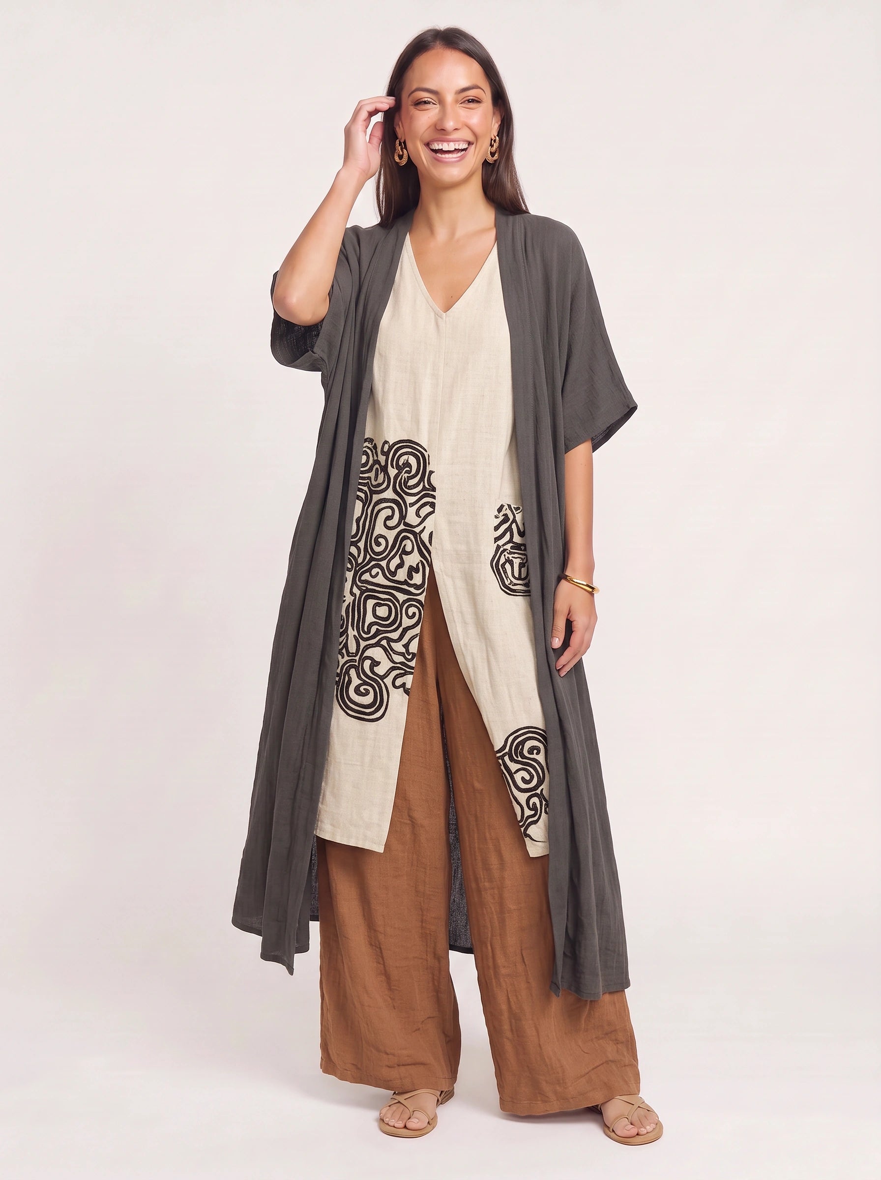 Tribelle Longline Kimono Co-Ord Set – Women Three Piece Outfit Loungewear Wide-Leg Pants Cardigan Boho Resort Vacation