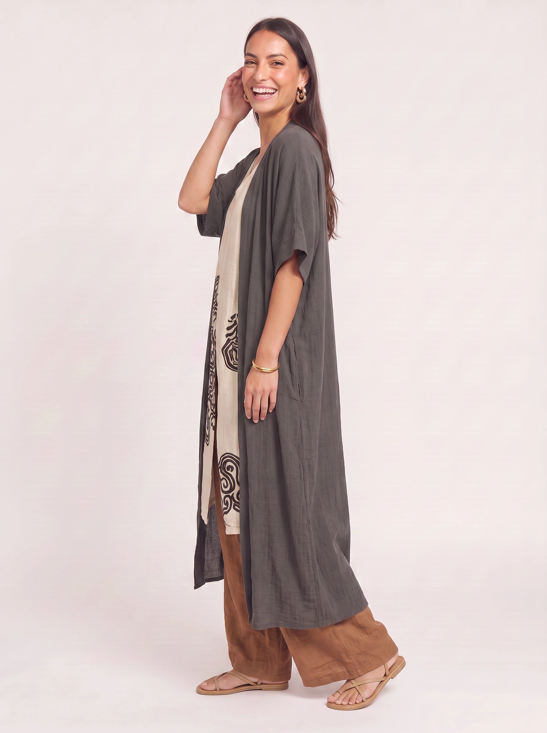 Tribelle Longline Kimono Co-Ord Set – Women Three Piece Outfit Loungewear Wide-Leg Pants Cardigan Boho Resort Vacation