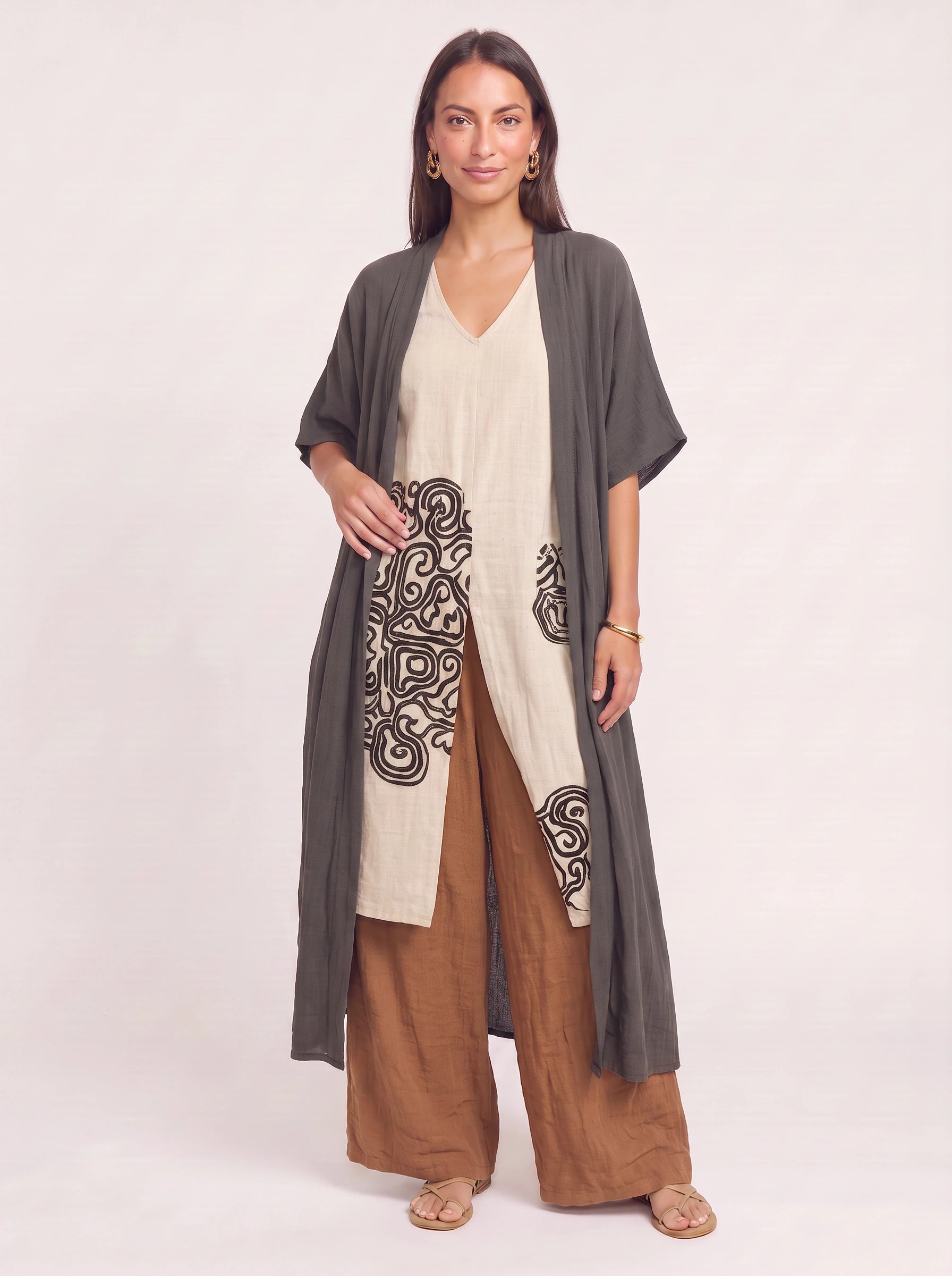 Tribelle Longline Kimono Co-Ord Set – Women Three Piece Outfit Loungewear Wide-Leg Pants Cardigan Boho Resort Vacation