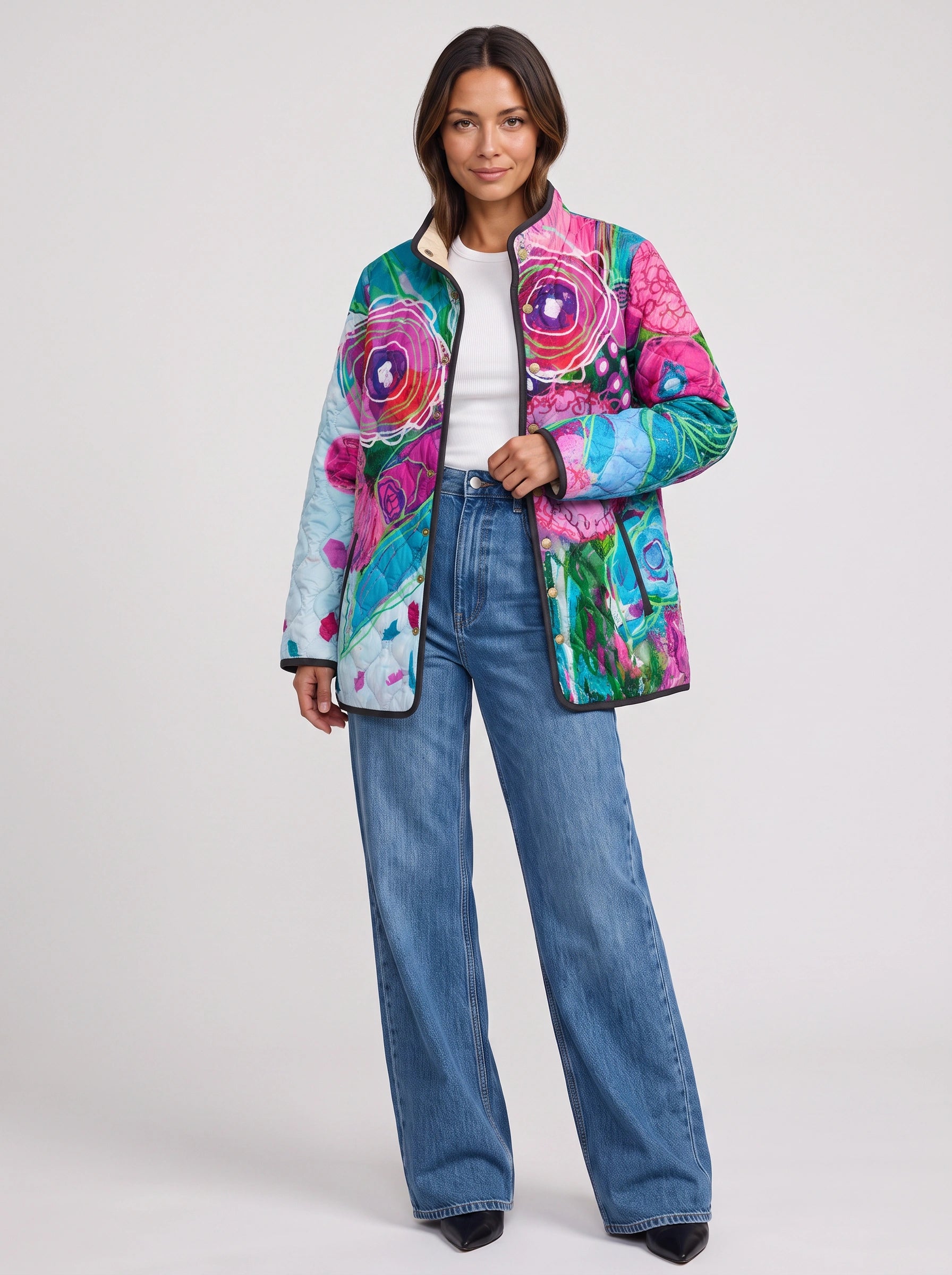Fiorente Quilted Floral Jacket – Women Longline Statement Print Winter Coat Casual Artistic Jacket