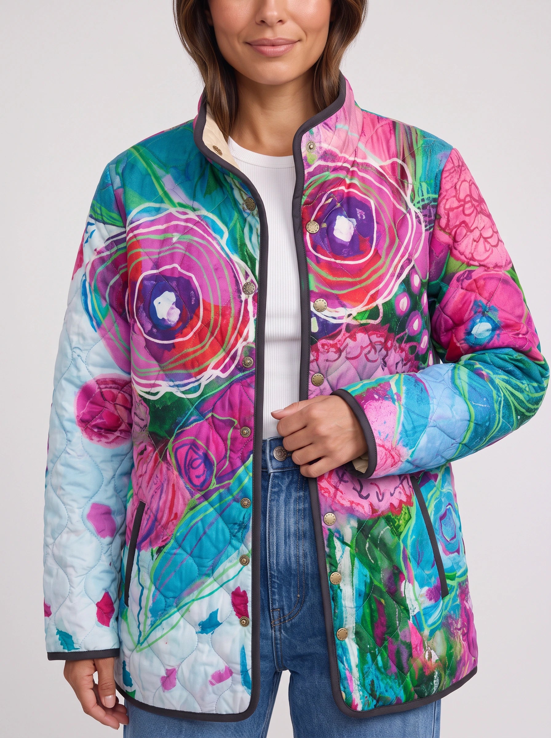 Fiorente Quilted Floral Jacket – Women Longline Statement Print Winter Coat Casual Artistic Jacket