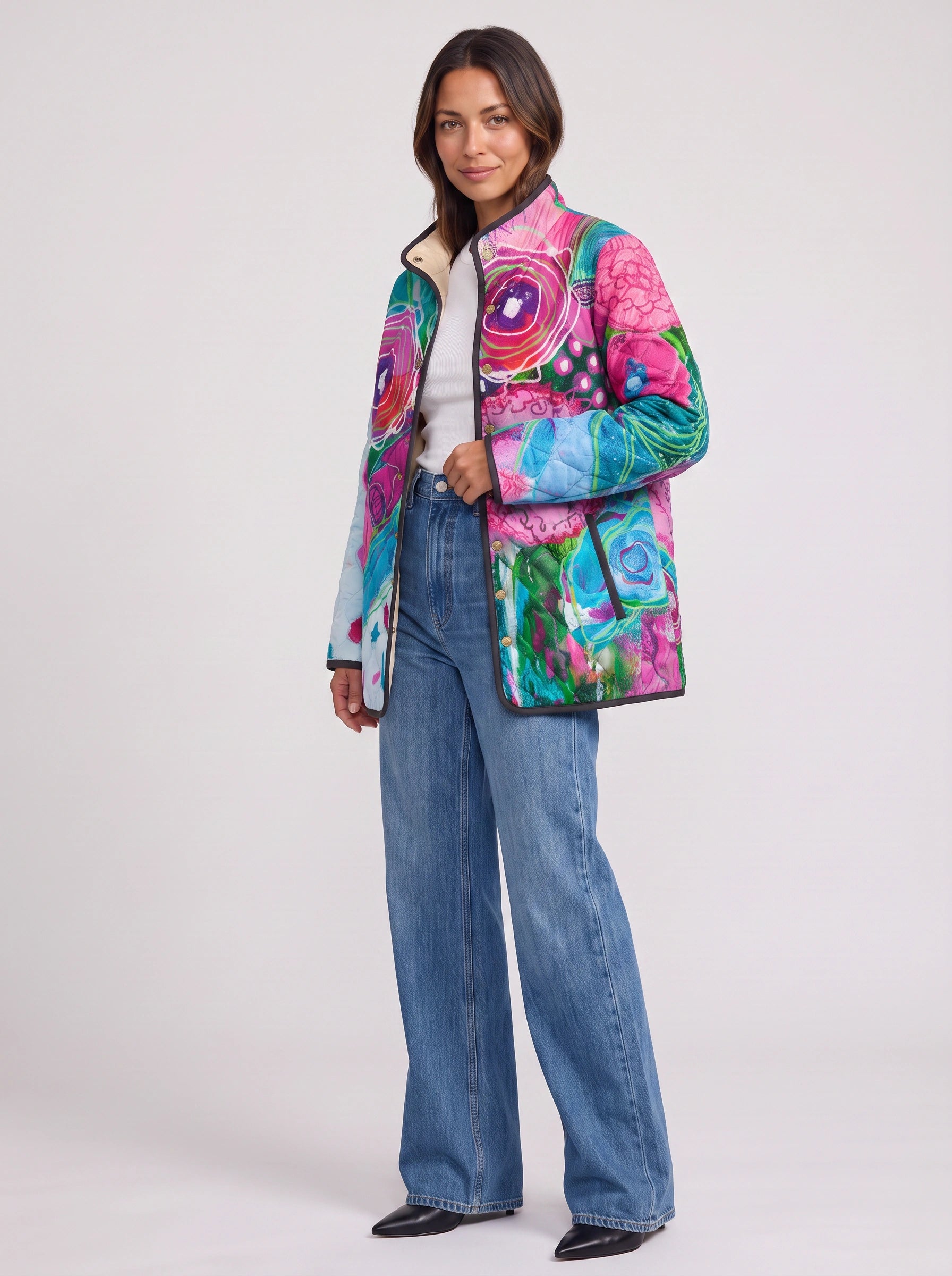 Fiorente Quilted Floral Jacket – Women Longline Statement Print Winter Coat Casual Artistic Jacket