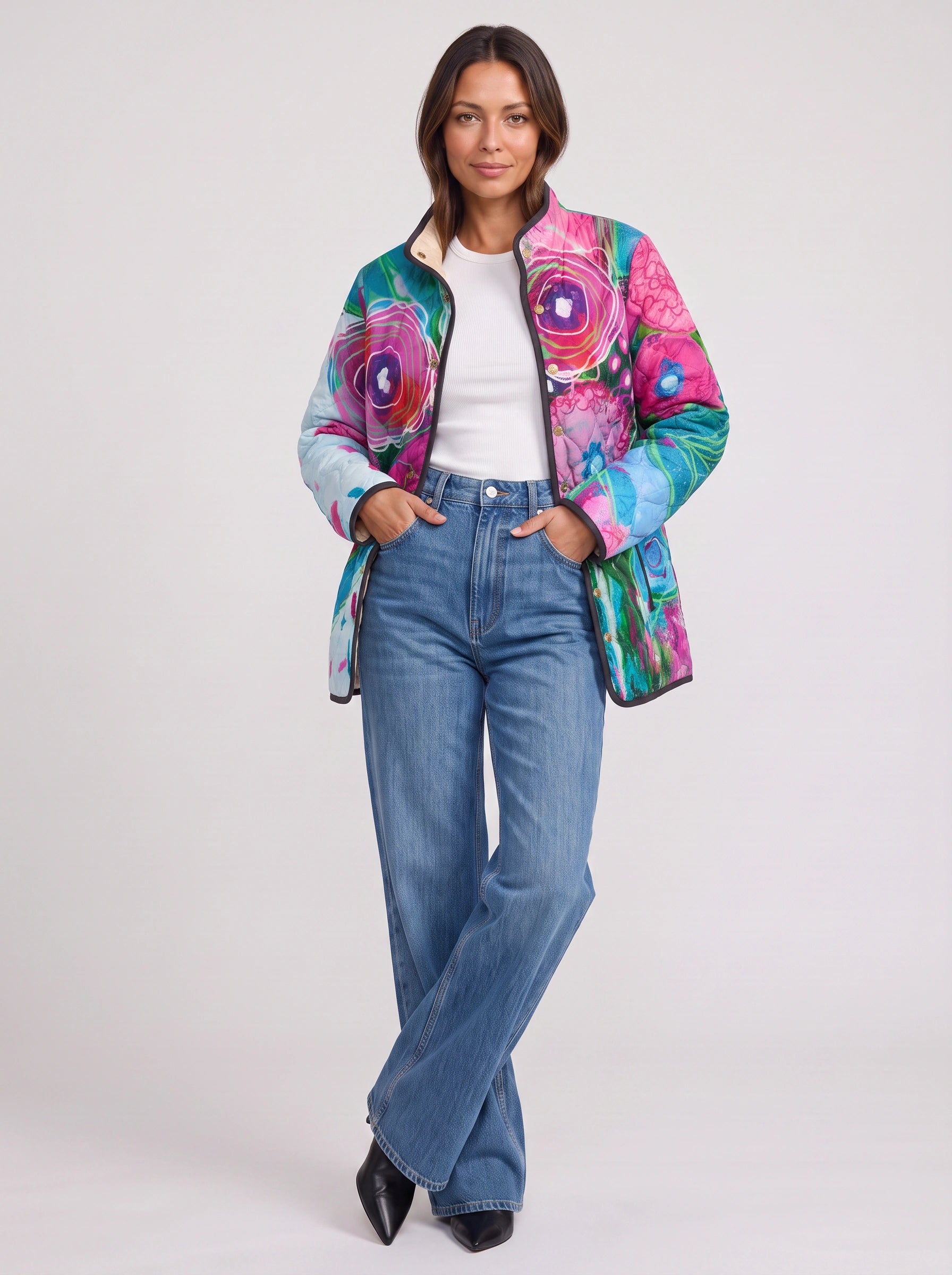 Fiorente Quilted Floral Jacket – Women Longline Statement Print Winter Coat Casual Artistic Jacket