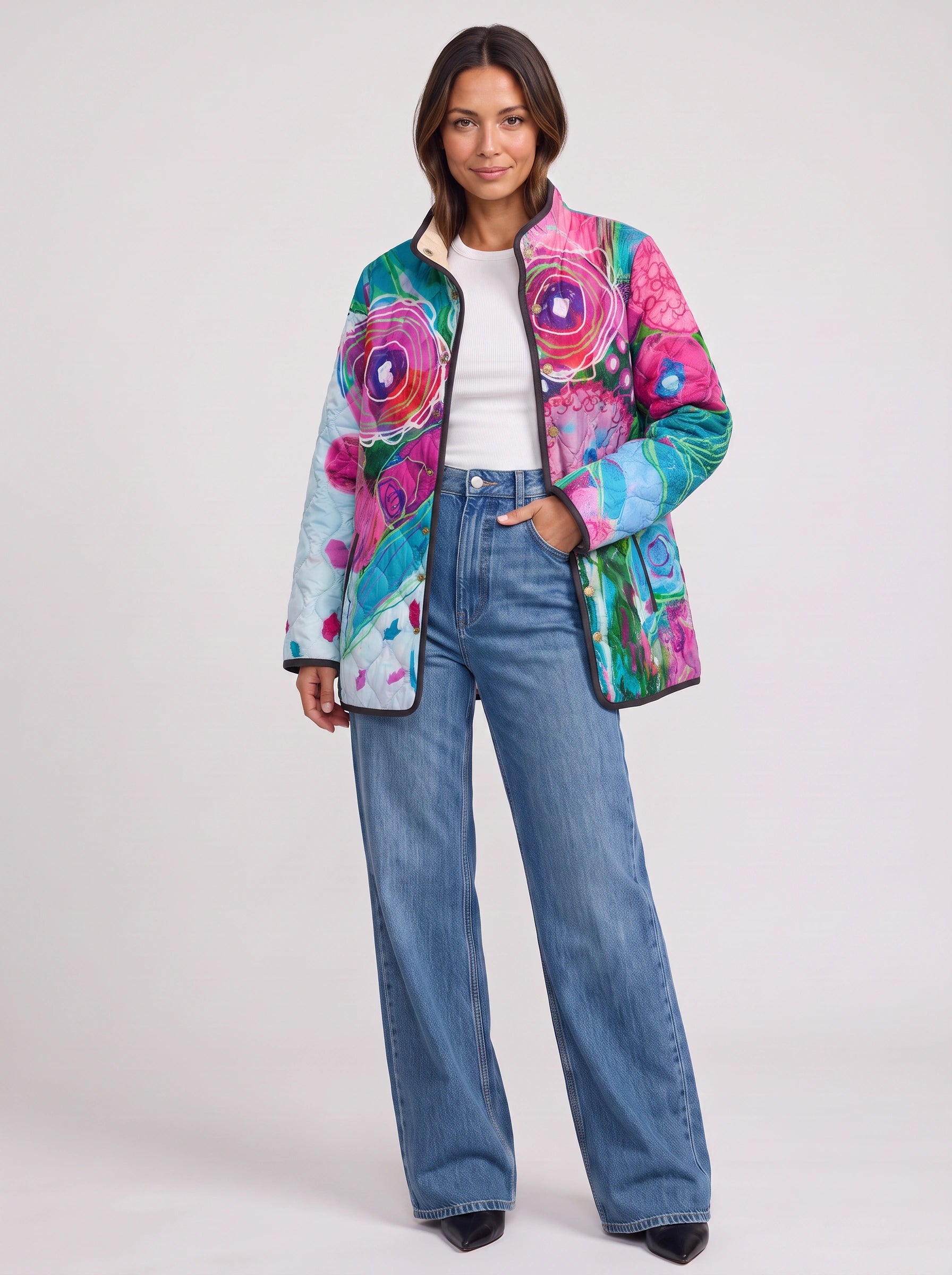 Fiorente Quilted Floral Jacket – Women Longline Statement Print Winter Coat Casual Artistic Jacket