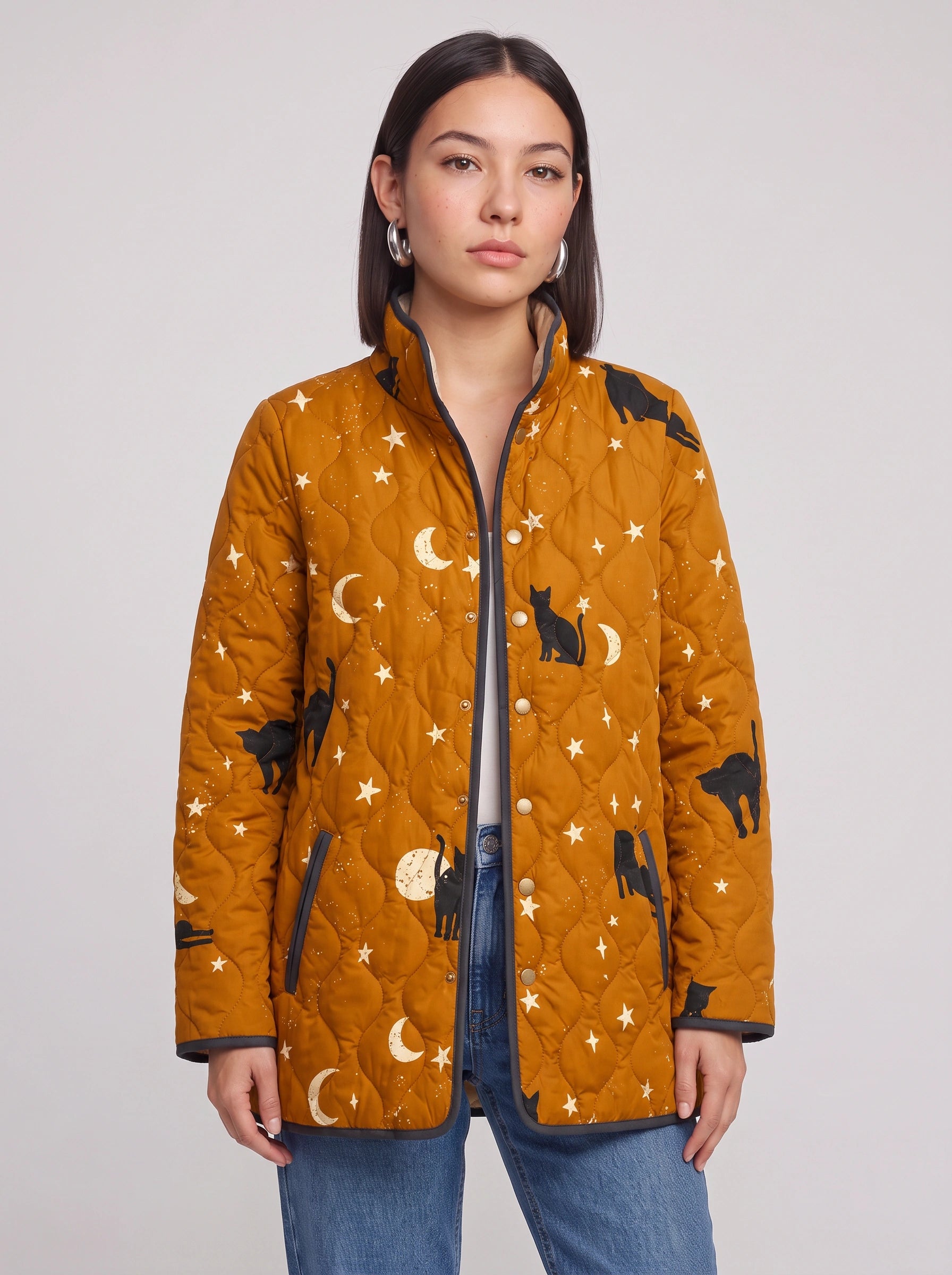 Noctira Quilted Celestial Print Jacket – Women Winter Outerwear Star Moon Cat Print Lightweight Quilted Jacket