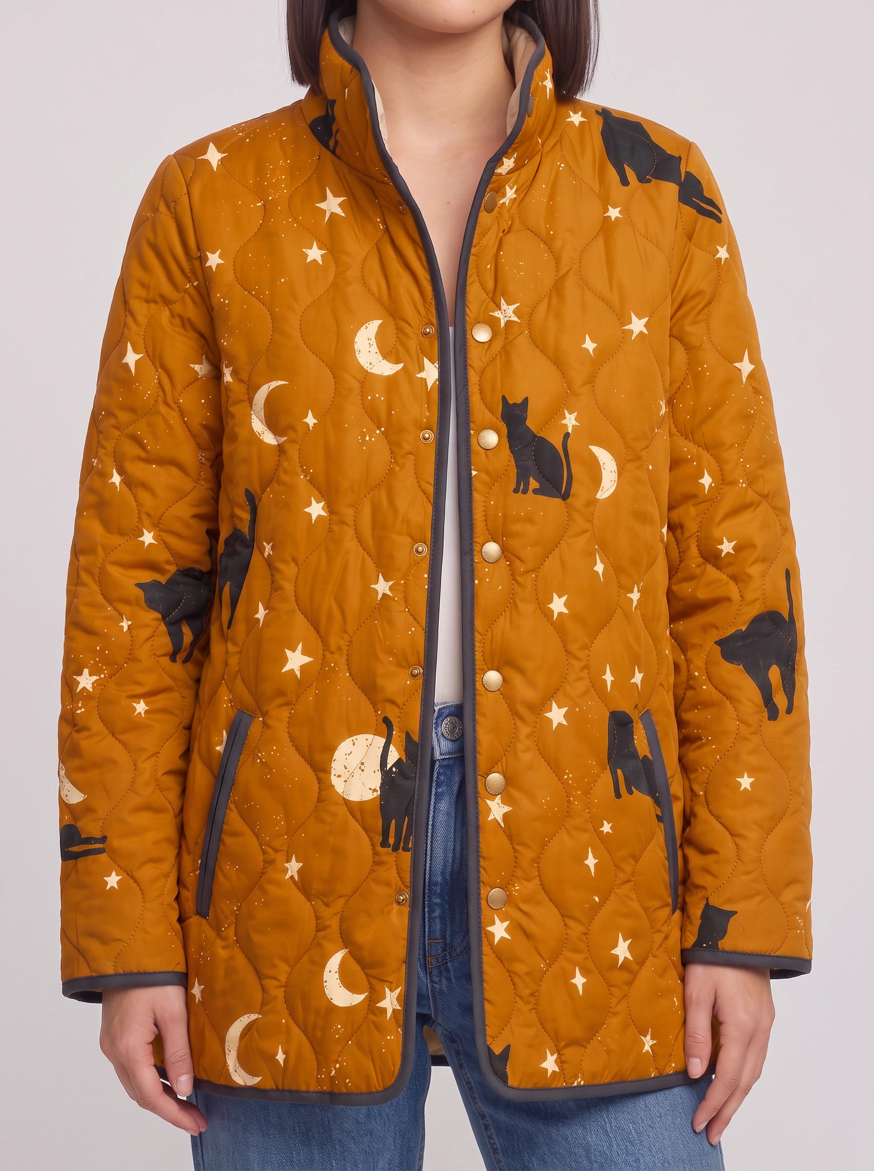 Noctira Quilted Celestial Print Jacket – Women Winter Outerwear Star Moon Cat Print Lightweight Quilted Jacket