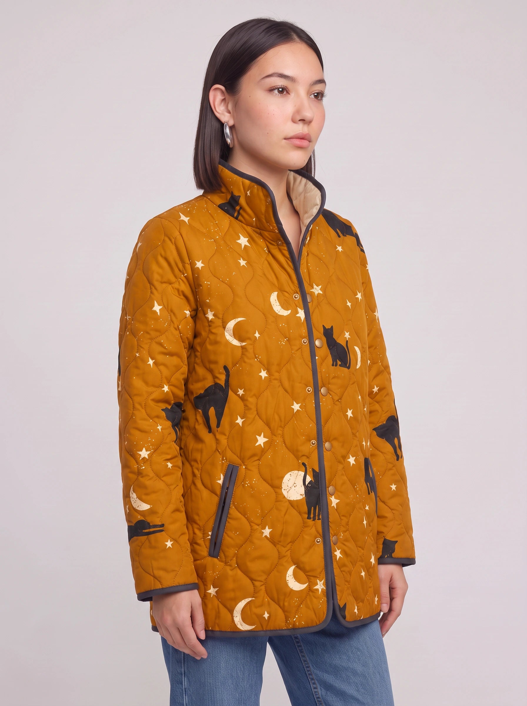 Noctira Quilted Celestial Print Jacket – Women Winter Outerwear Star Moon Cat Print Lightweight Quilted Jacket