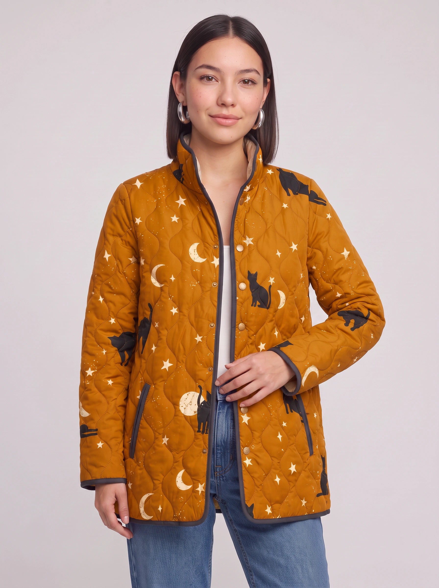 Noctira Quilted Celestial Print Jacket – Women Winter Outerwear Star Moon Cat Print Lightweight Quilted Jacket