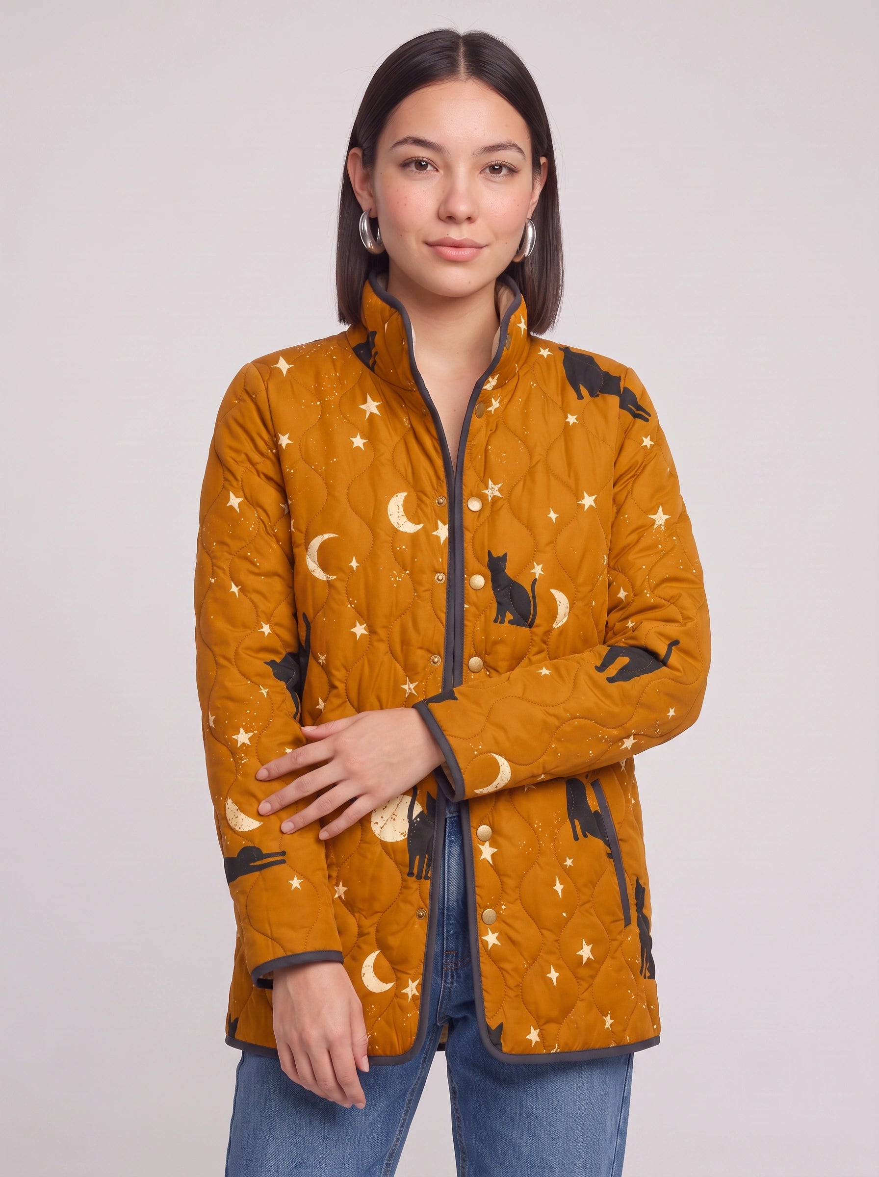 Noctira Quilted Celestial Print Jacket – Women Winter Outerwear Star Moon Cat Print Lightweight Quilted Jacket