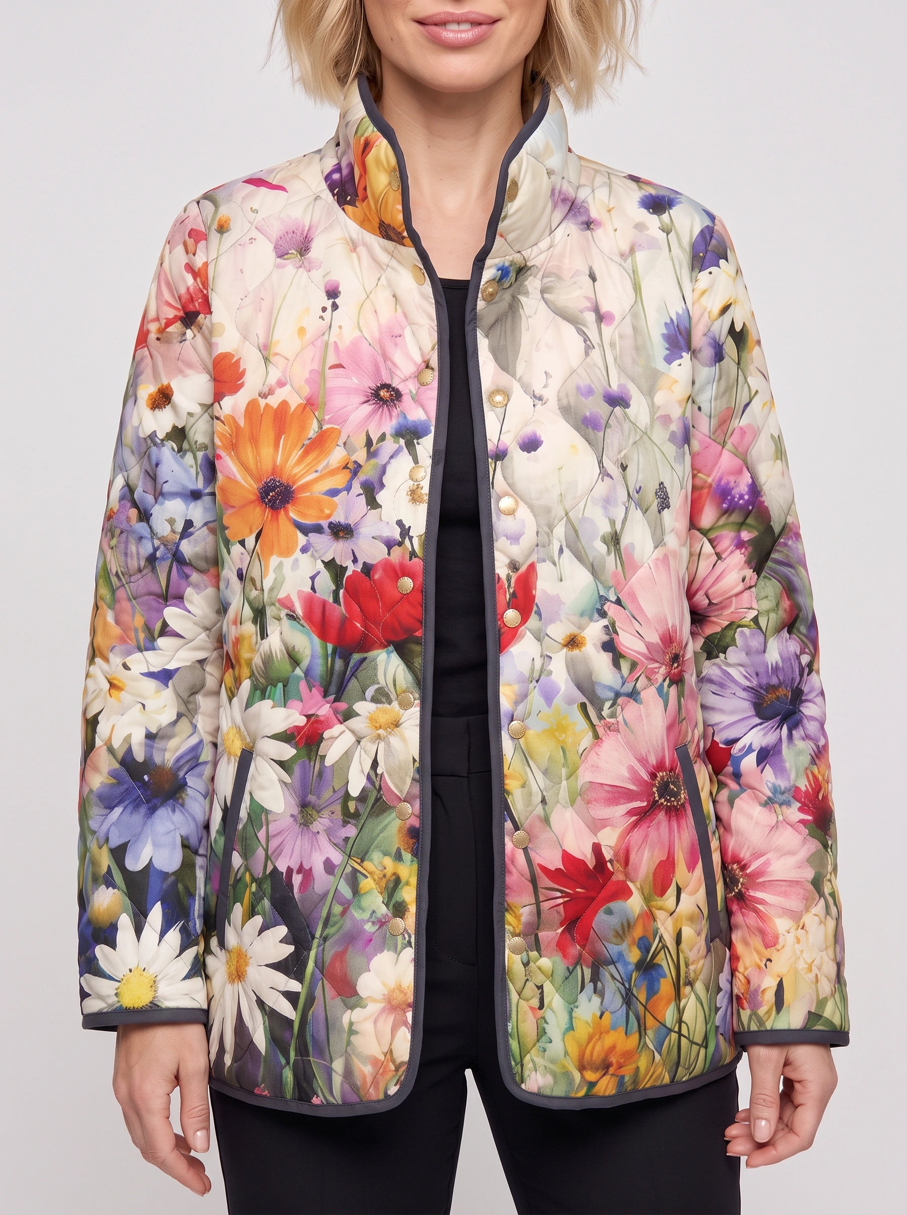 Fiorenta Quilted Floral Jacket – Women Lightweight Reversible Bomber Vintage Garden Print Casual Outerwear