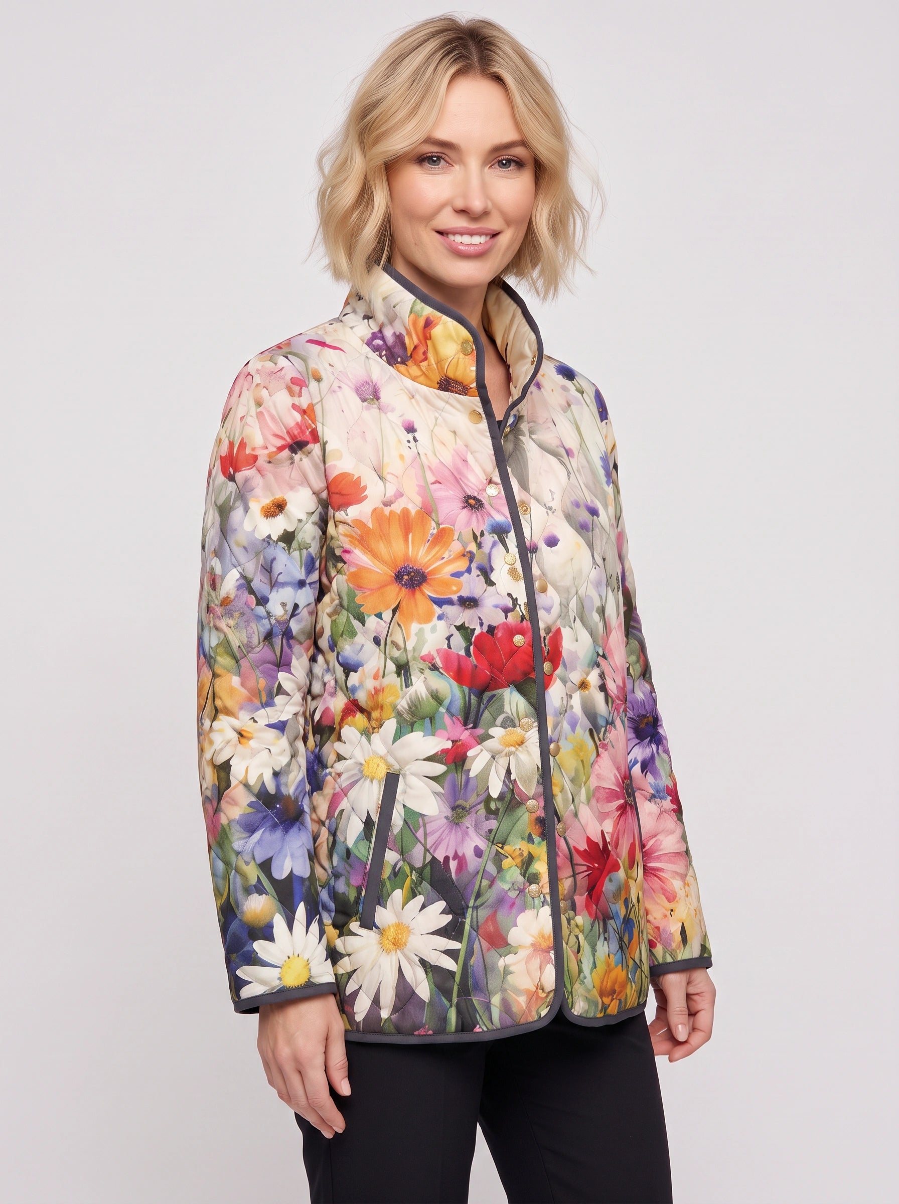 Fiorenta Quilted Floral Jacket – Women Lightweight Reversible Bomber Vintage Garden Print Casual Outerwear