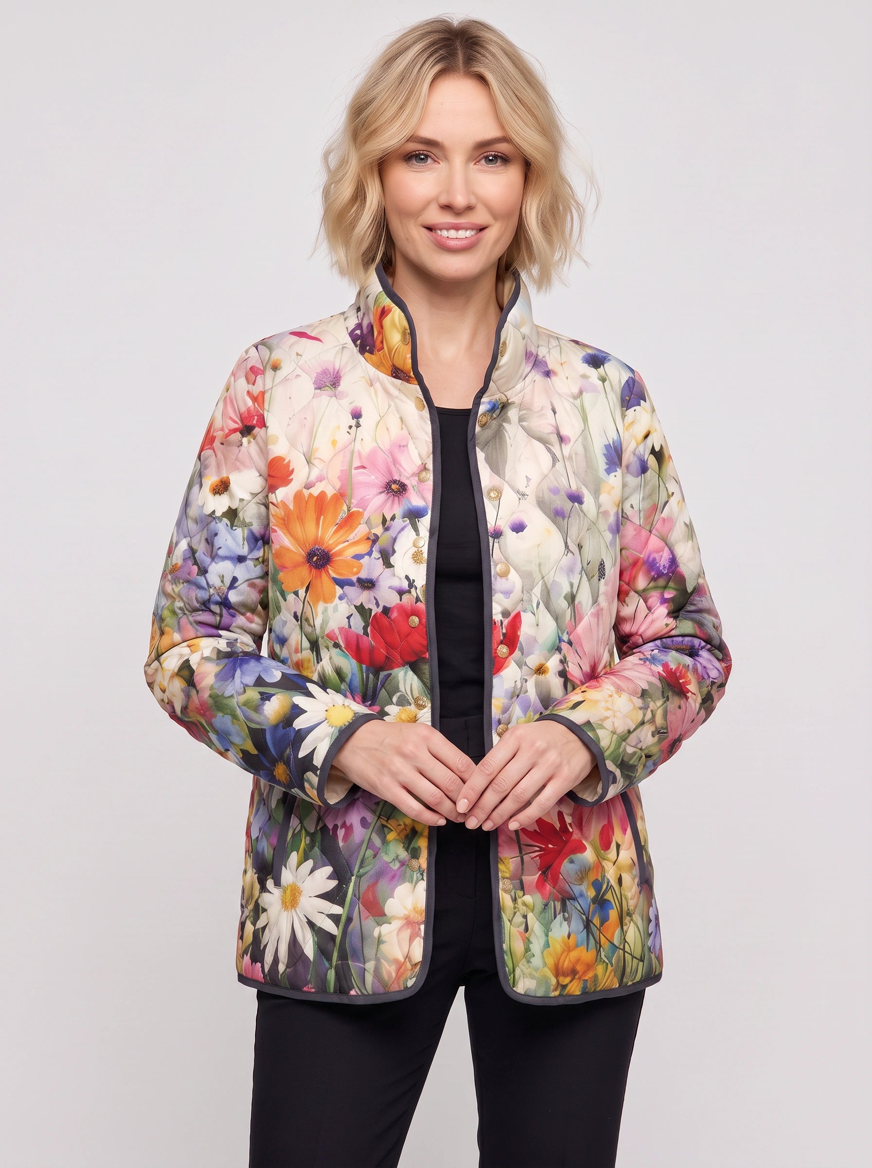Fiorenta Quilted Floral Jacket – Women Lightweight Reversible Bomber Vintage Garden Print Casual Outerwear