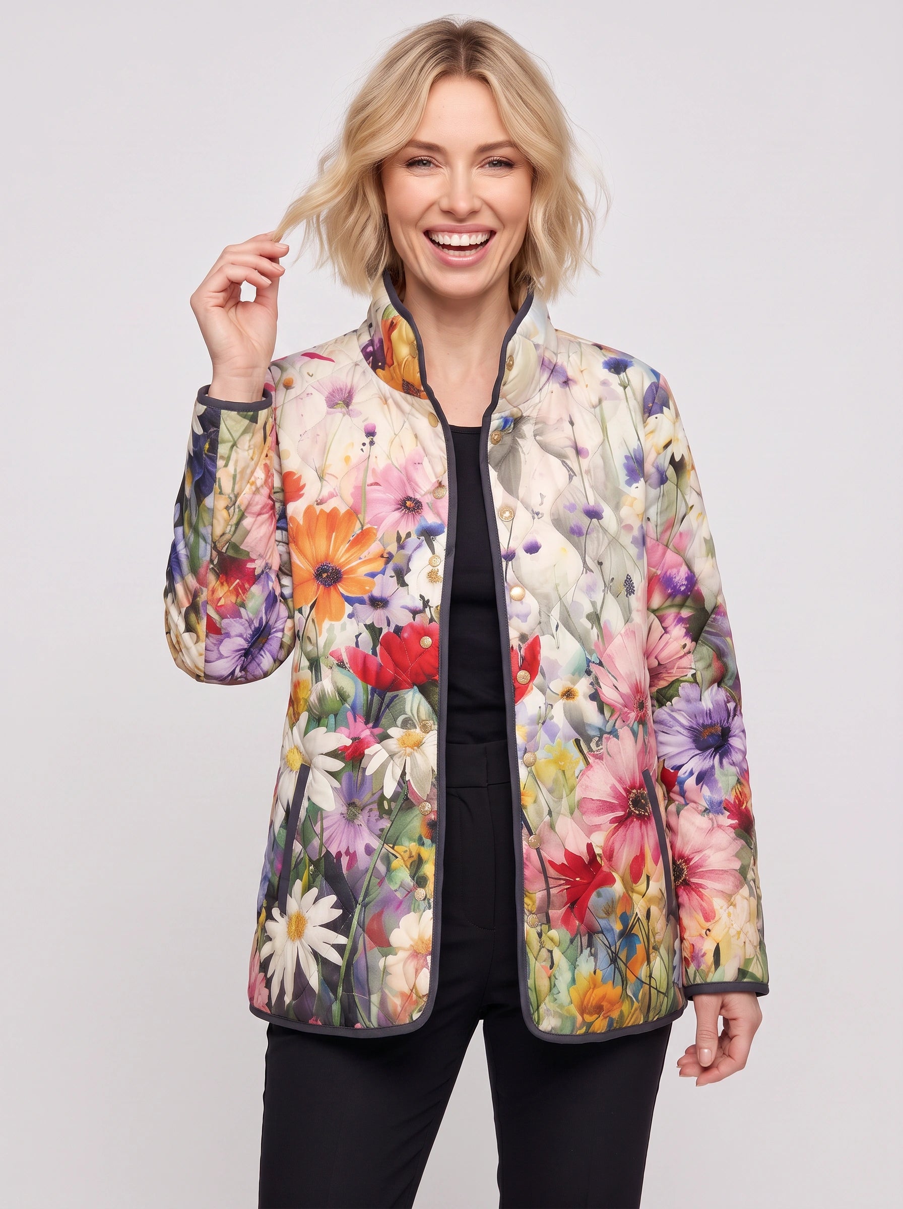Fiorenta Quilted Floral Jacket – Women Lightweight Reversible Bomber Vintage Garden Print Casual Outerwear