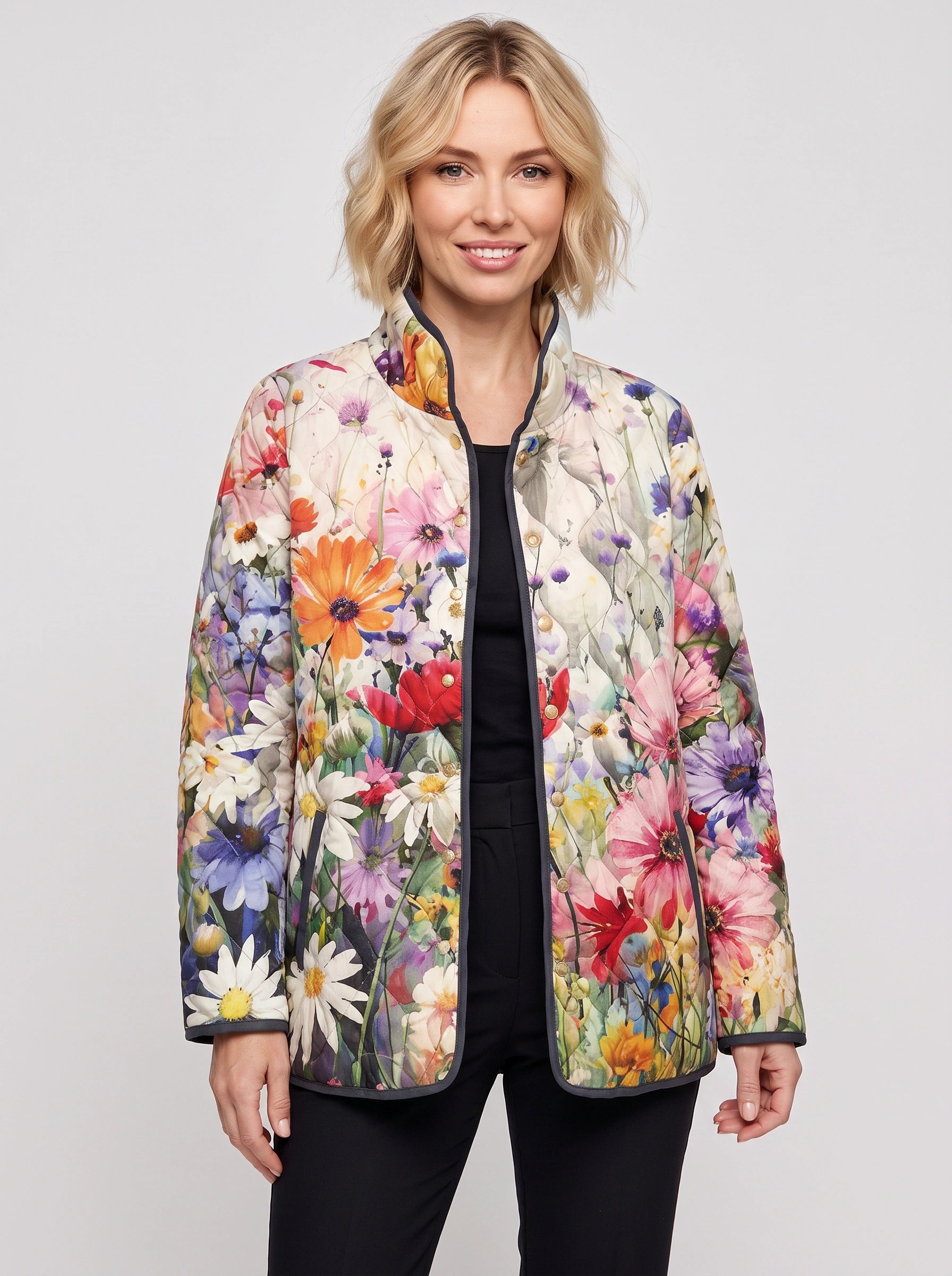 Fiorenta Quilted Floral Jacket – Women Lightweight Reversible Bomber Vintage Garden Print Casual Outerwear
