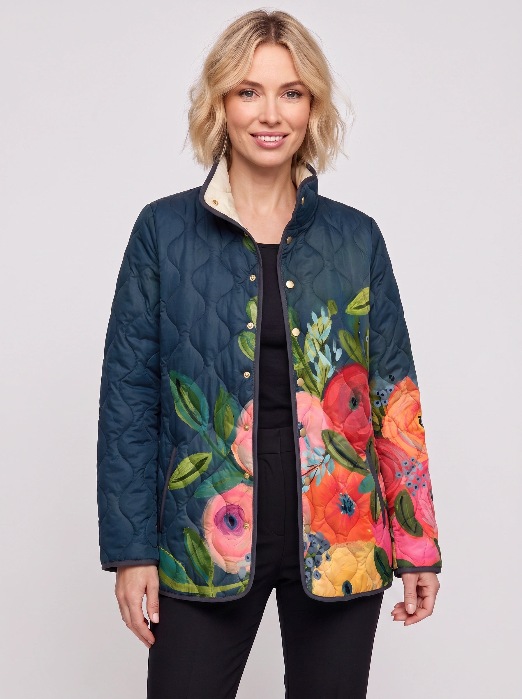 Fiorenta Quilted Floral Jacket – Women Lightweight Reversible Bomber Vintage Garden Print Casual Outerwear