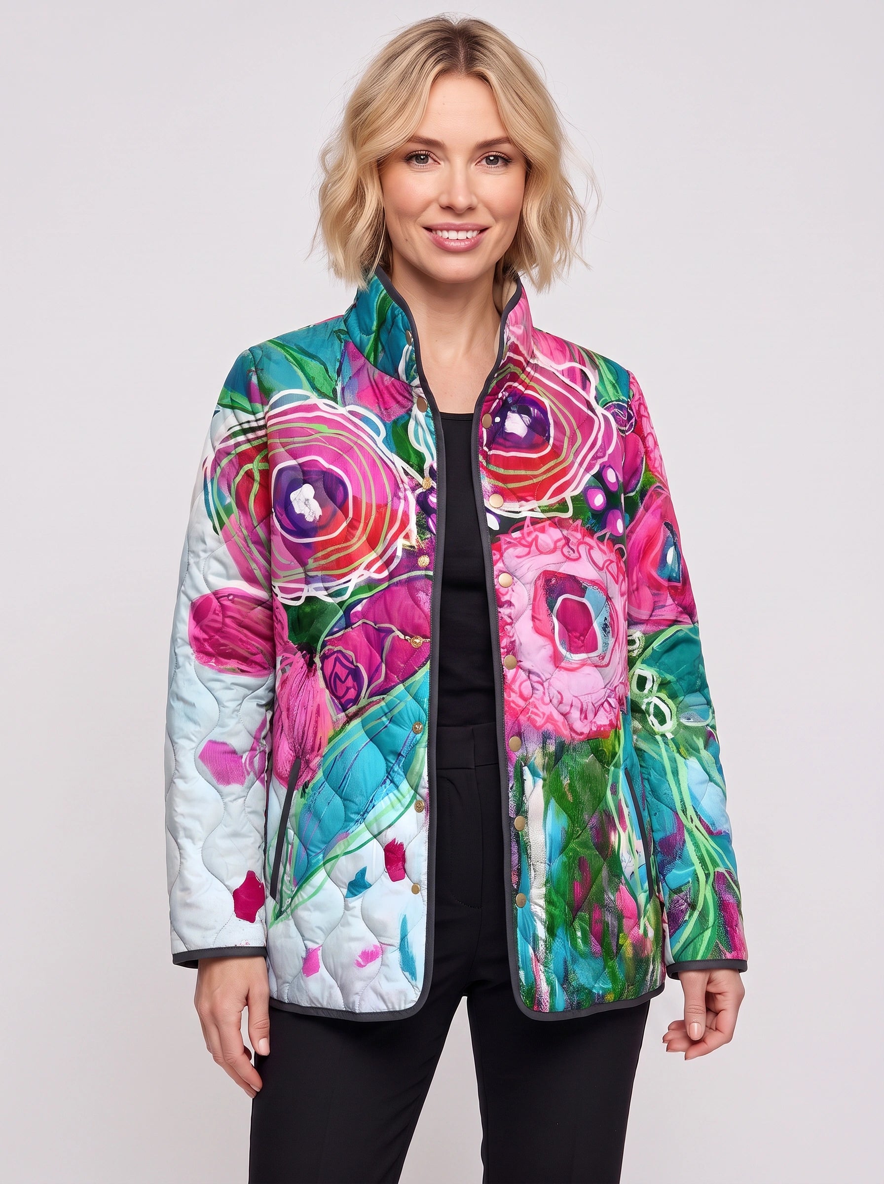 Fiorenta Quilted Floral Jacket – Women Lightweight Reversible Bomber Vintage Garden Print Casual Outerwear