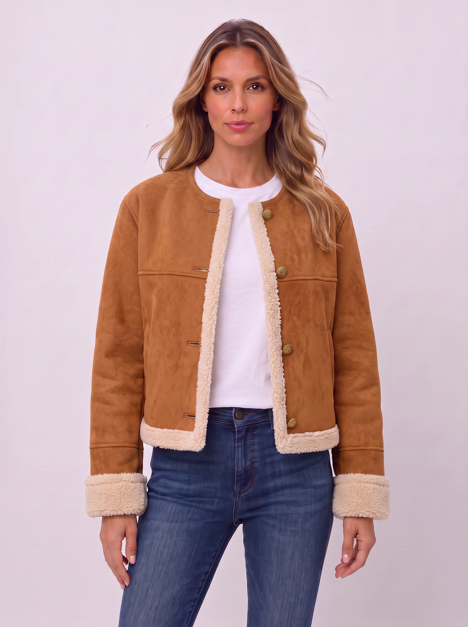 Tamlinn Shearling Button-Front Jacket – Women Suede Leather Jackets Winter Coats Sherpa Lined Cropped Jacket