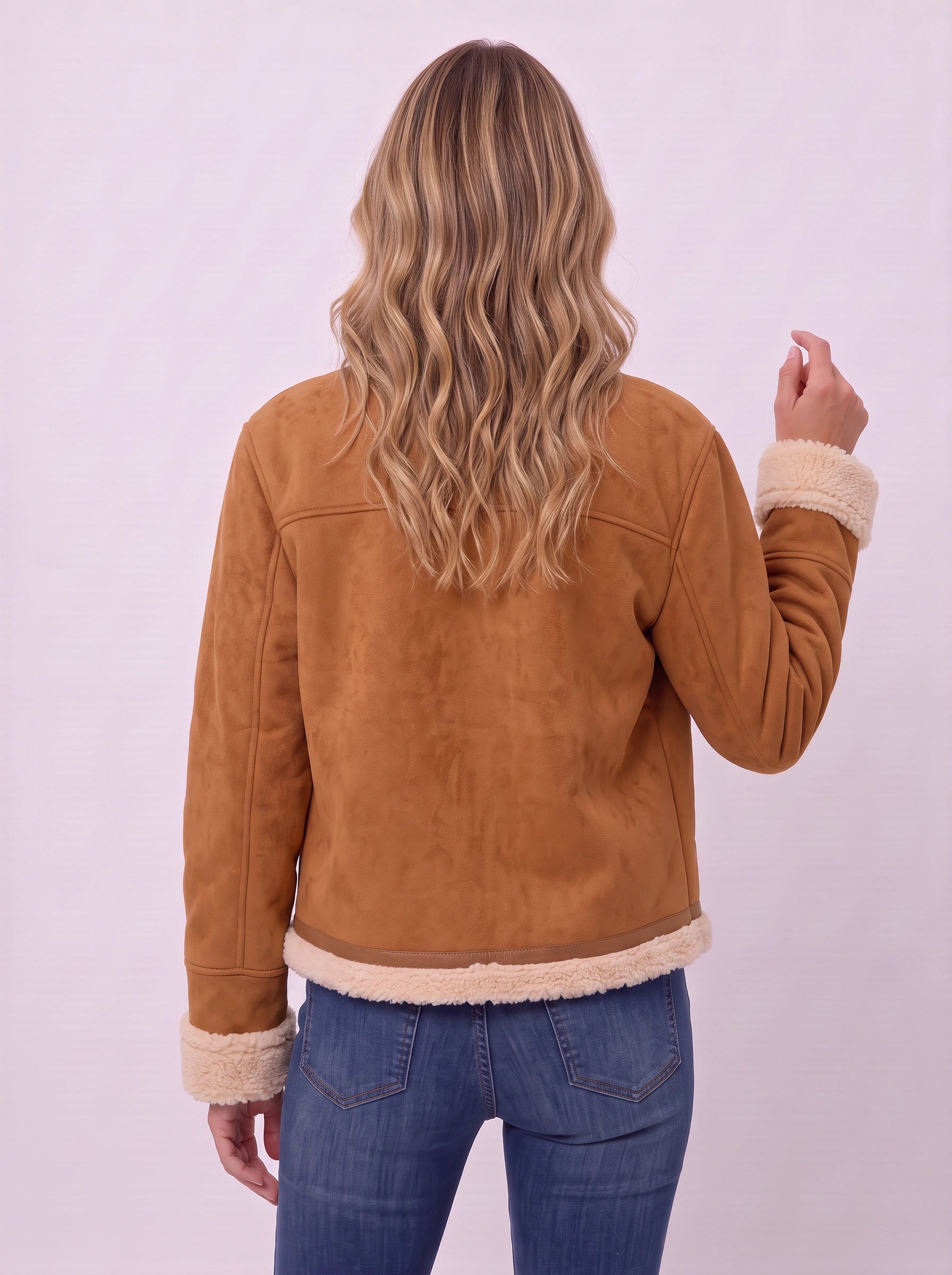 Tamlinn Shearling Button-Front Jacket – Women Suede Leather Jackets Winter Coats Sherpa Lined Cropped Jacket