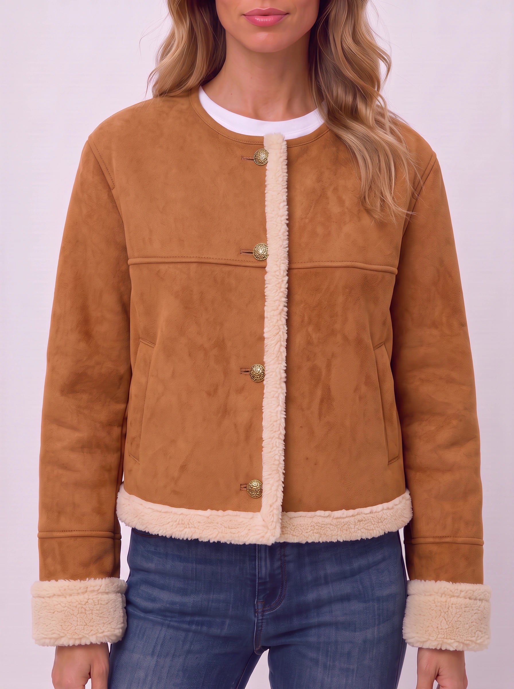 Tamlinn Shearling Button-Front Jacket – Women Suede Leather Jackets Winter Coats Sherpa Lined Cropped Jacket