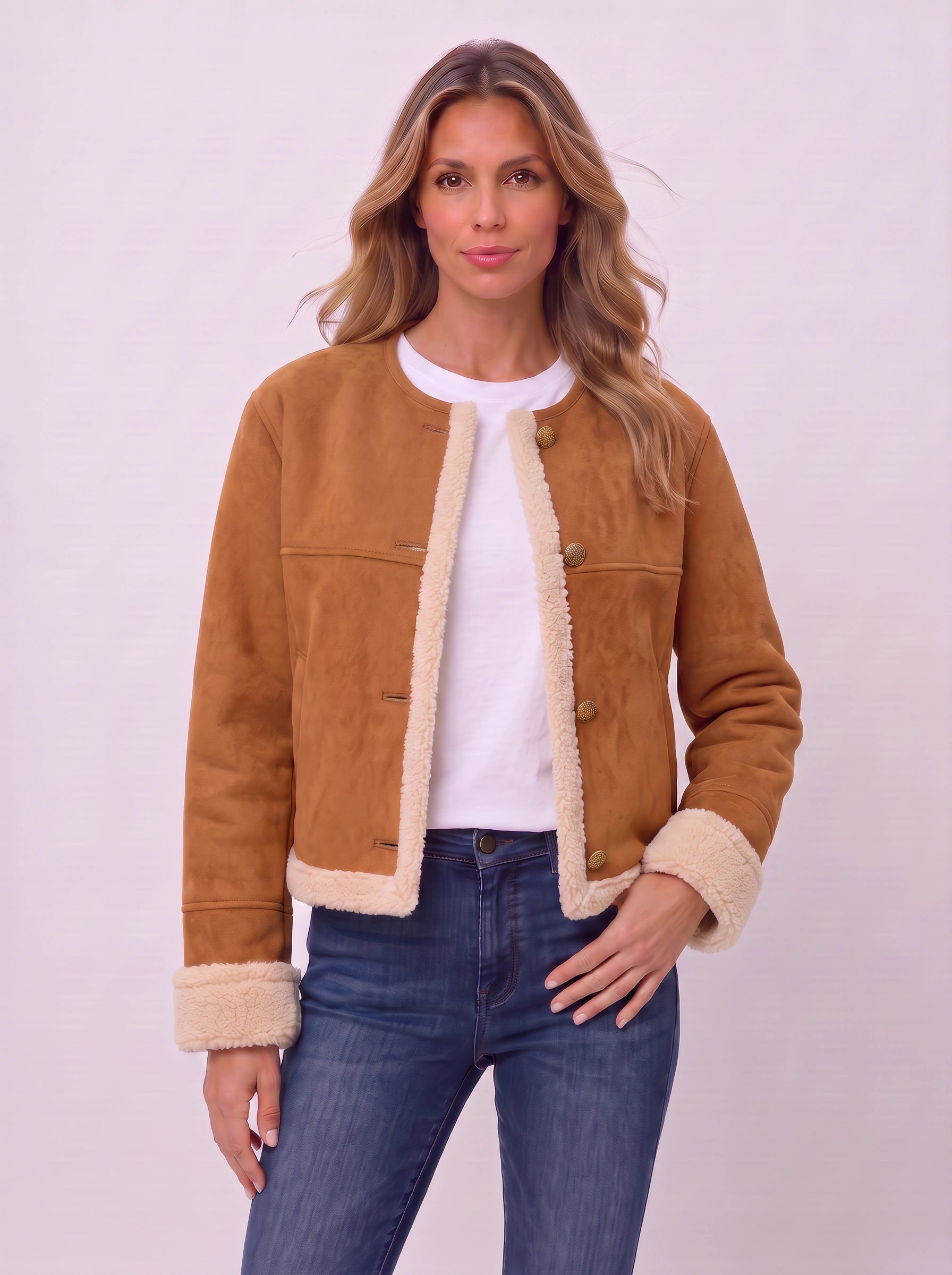 Tamlinn Shearling Button-Front Jacket – Women Suede Leather Jackets Winter Coats Sherpa Lined Cropped Jacket