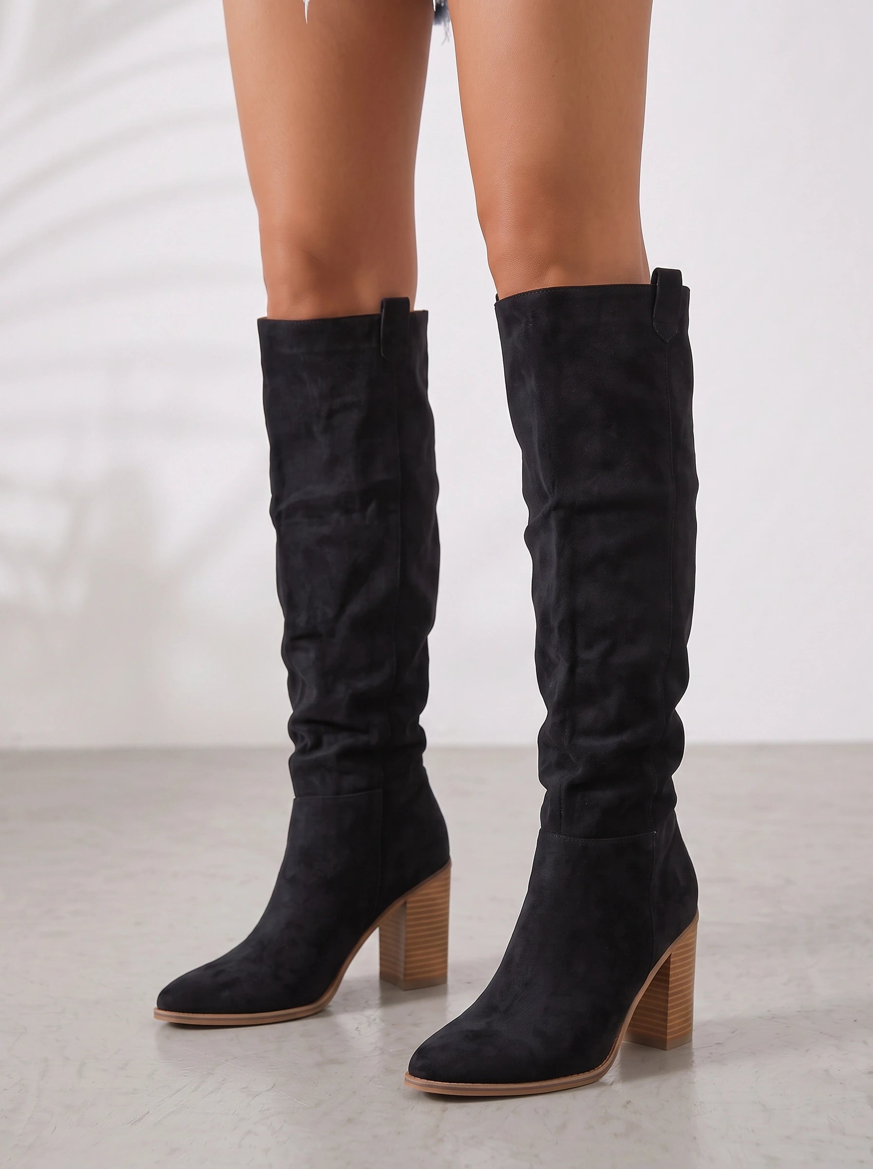 Rouched Slouch Knee-High Boots – Suede Block Heel Women Western Knee High Boots