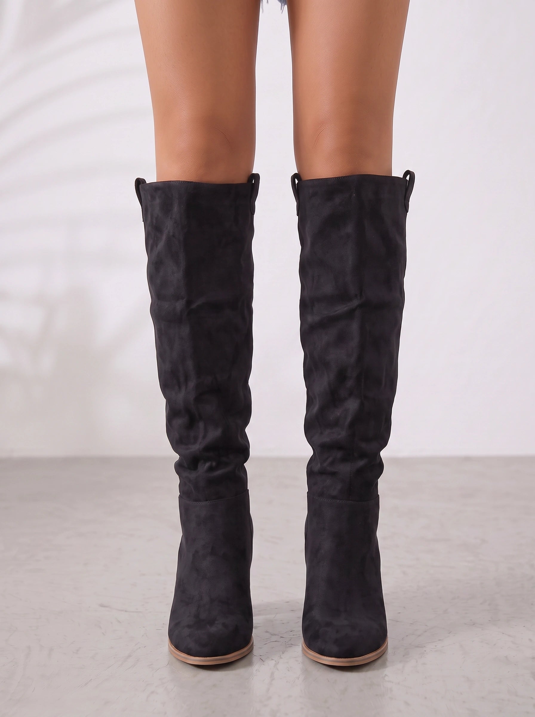 Rouched Slouch Knee-High Boots – Suede Block Heel Women Western Knee High Boots