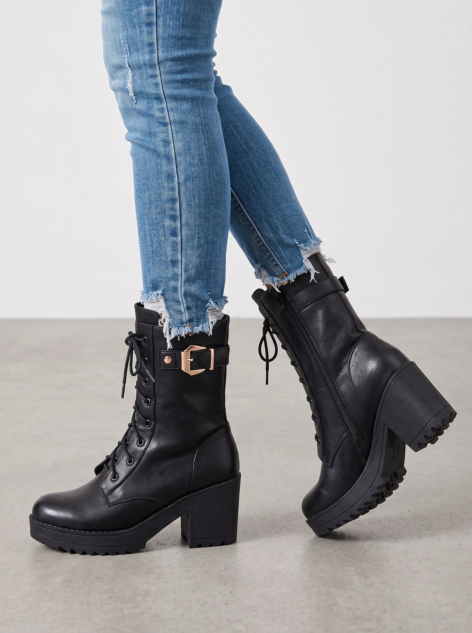Cordax Lace-Up Platform Combat Boots – Women Ankle Chunky Heel Buckle Strap Lug Sole Boots
