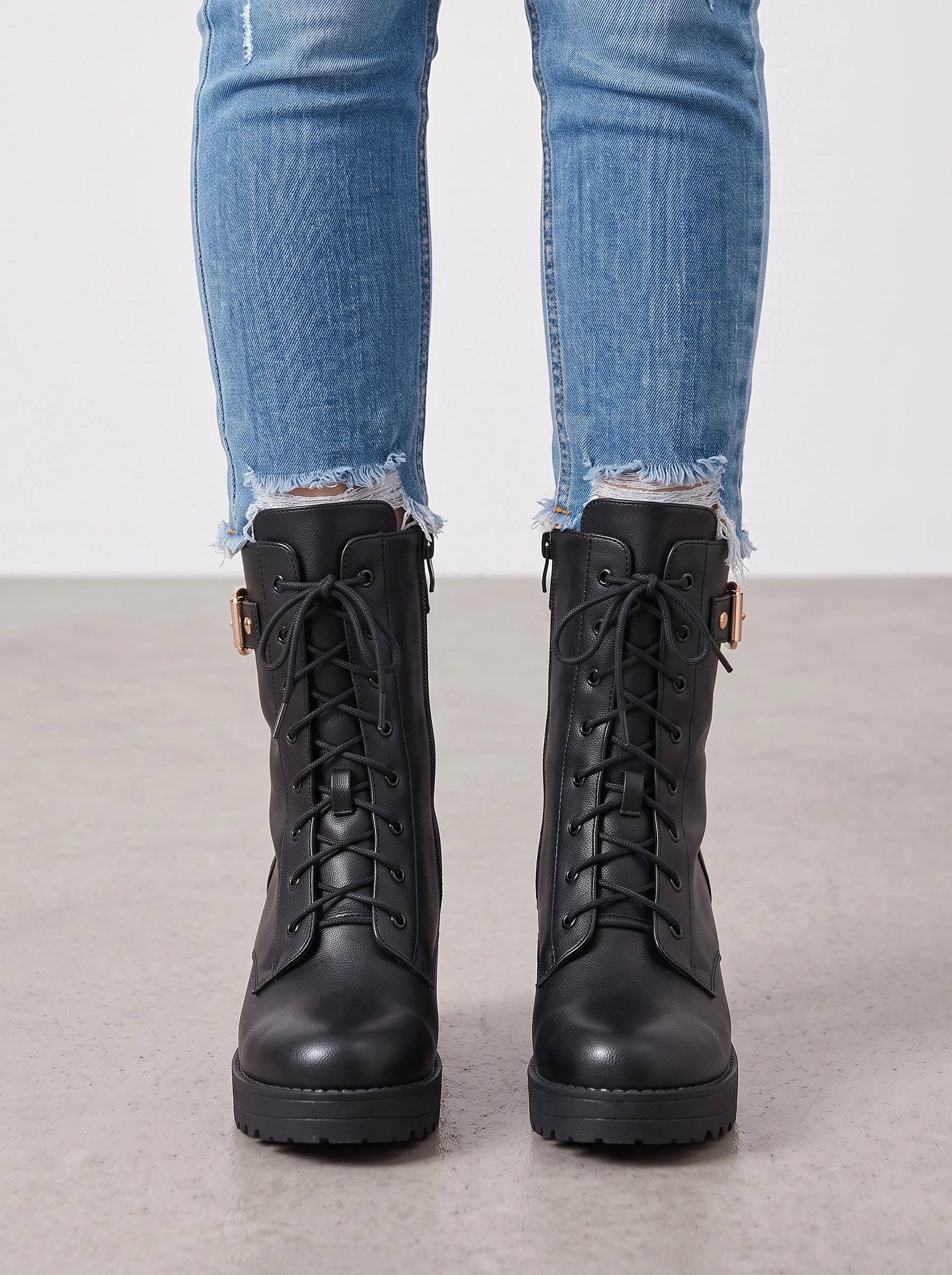 Cordax Lace-Up Platform Combat Boots – Women Ankle Chunky Heel Buckle Strap Lug Sole Boots