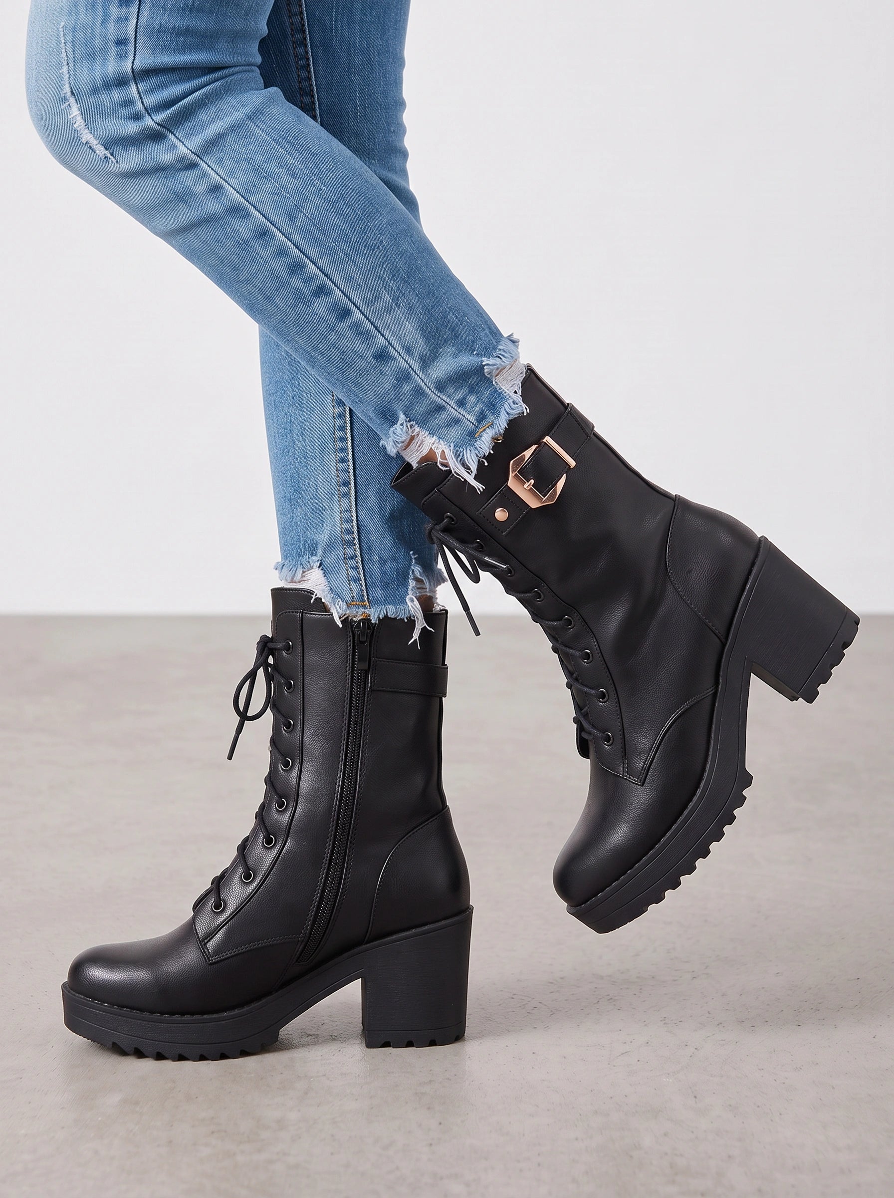 Cordax Lace-Up Platform Combat Boots – Women Ankle Chunky Heel Buckle Strap Lug Sole Boots