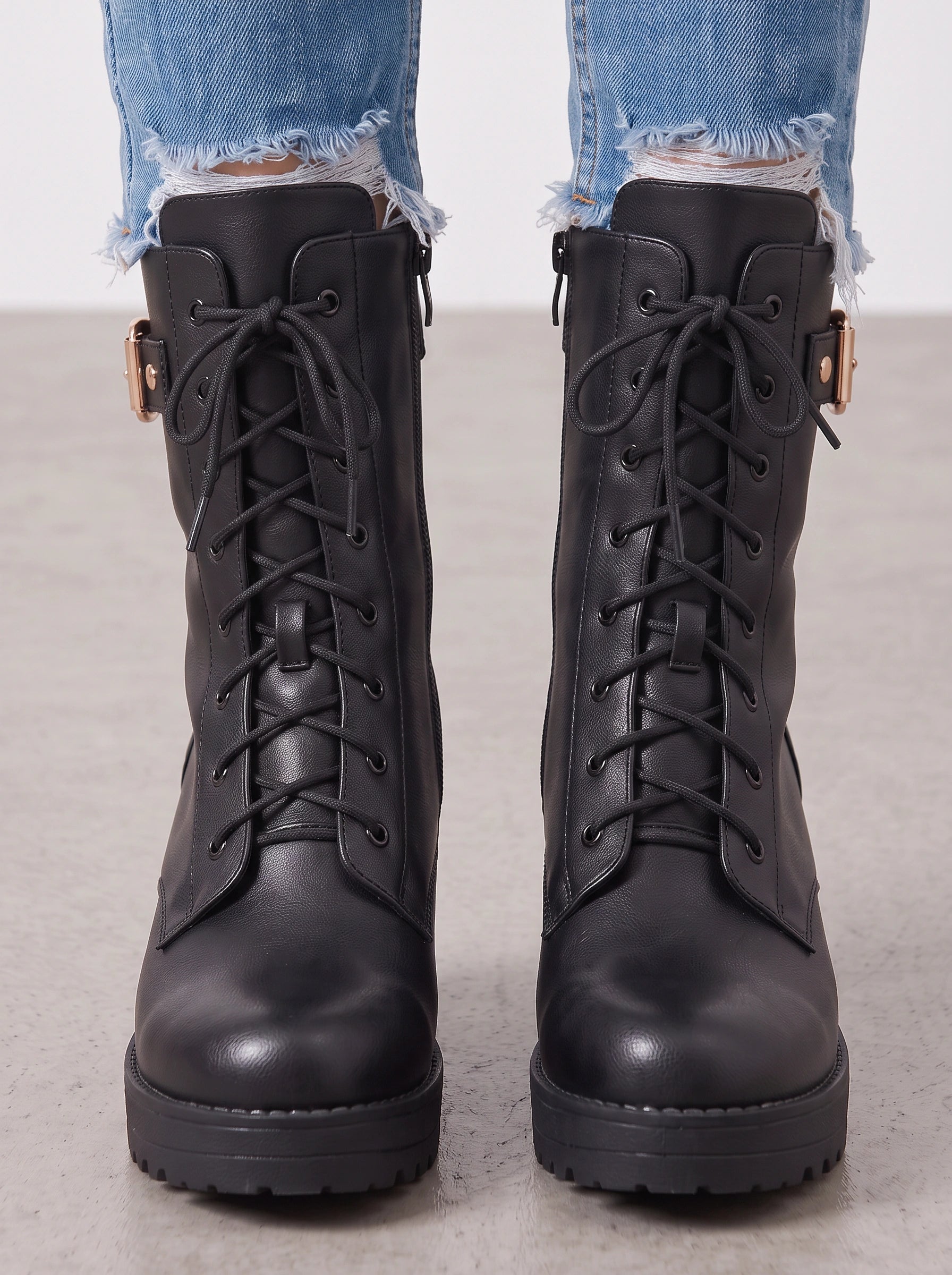 Cordax Lace-Up Platform Combat Boots – Women Ankle Chunky Heel Buckle Strap Lug Sole Boots
