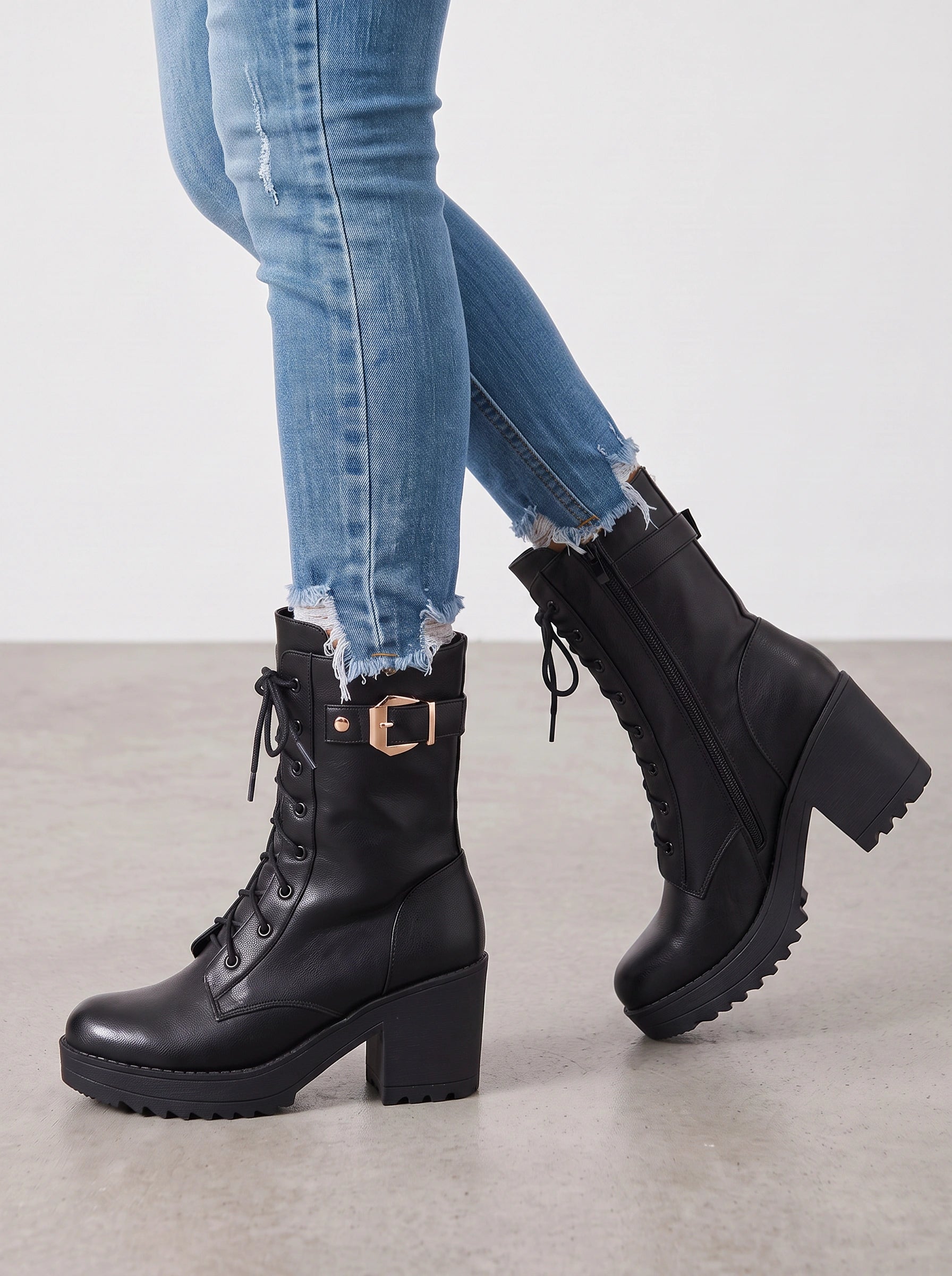 Cordax Lace-Up Platform Combat Boots – Women Ankle Chunky Heel Buckle Strap Lug Sole Boots