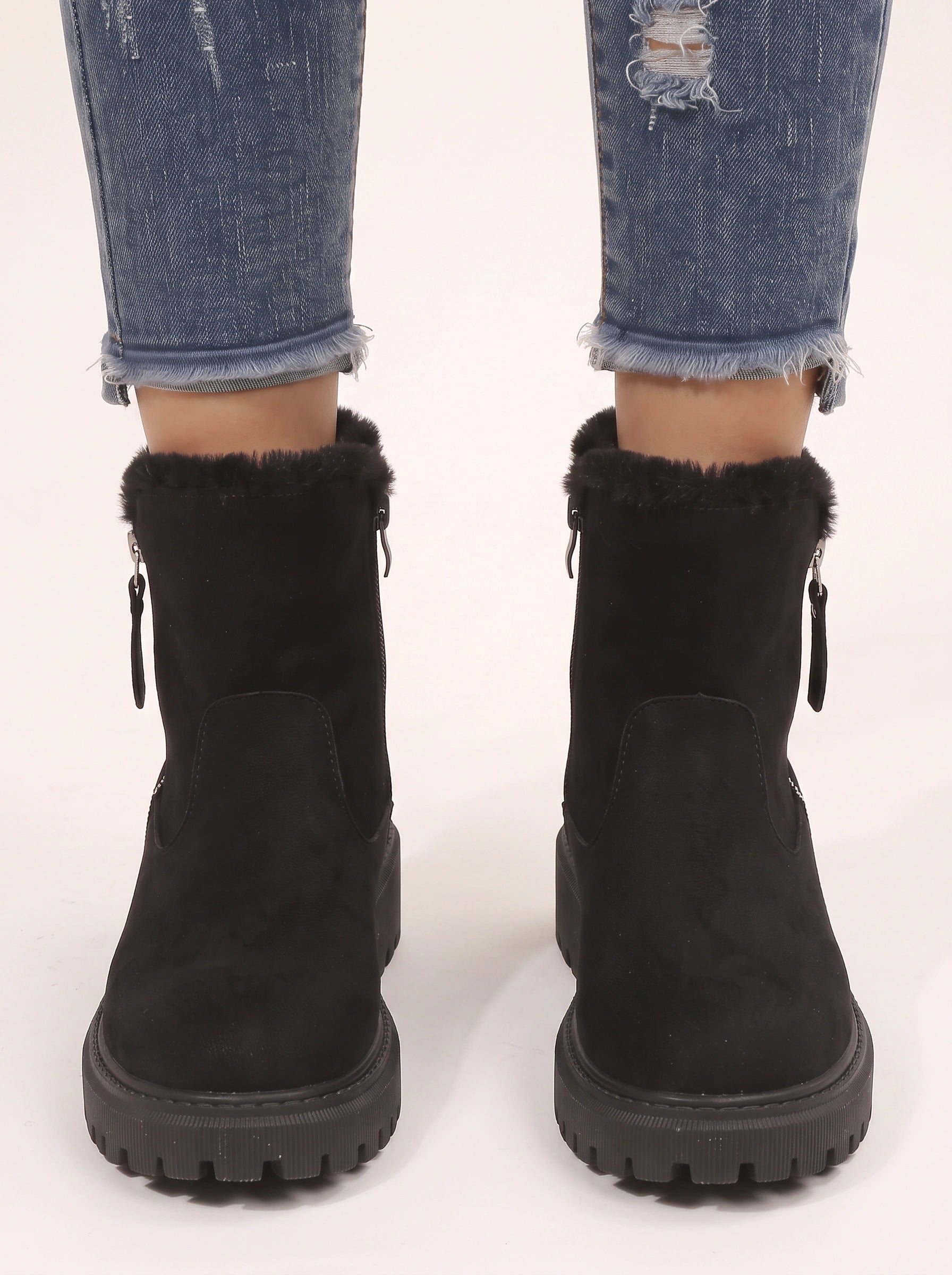 Traxine Faux Fur Ankle Boots – Women Winter Lug Sole Zip Chelsea Platform Chunky Boots